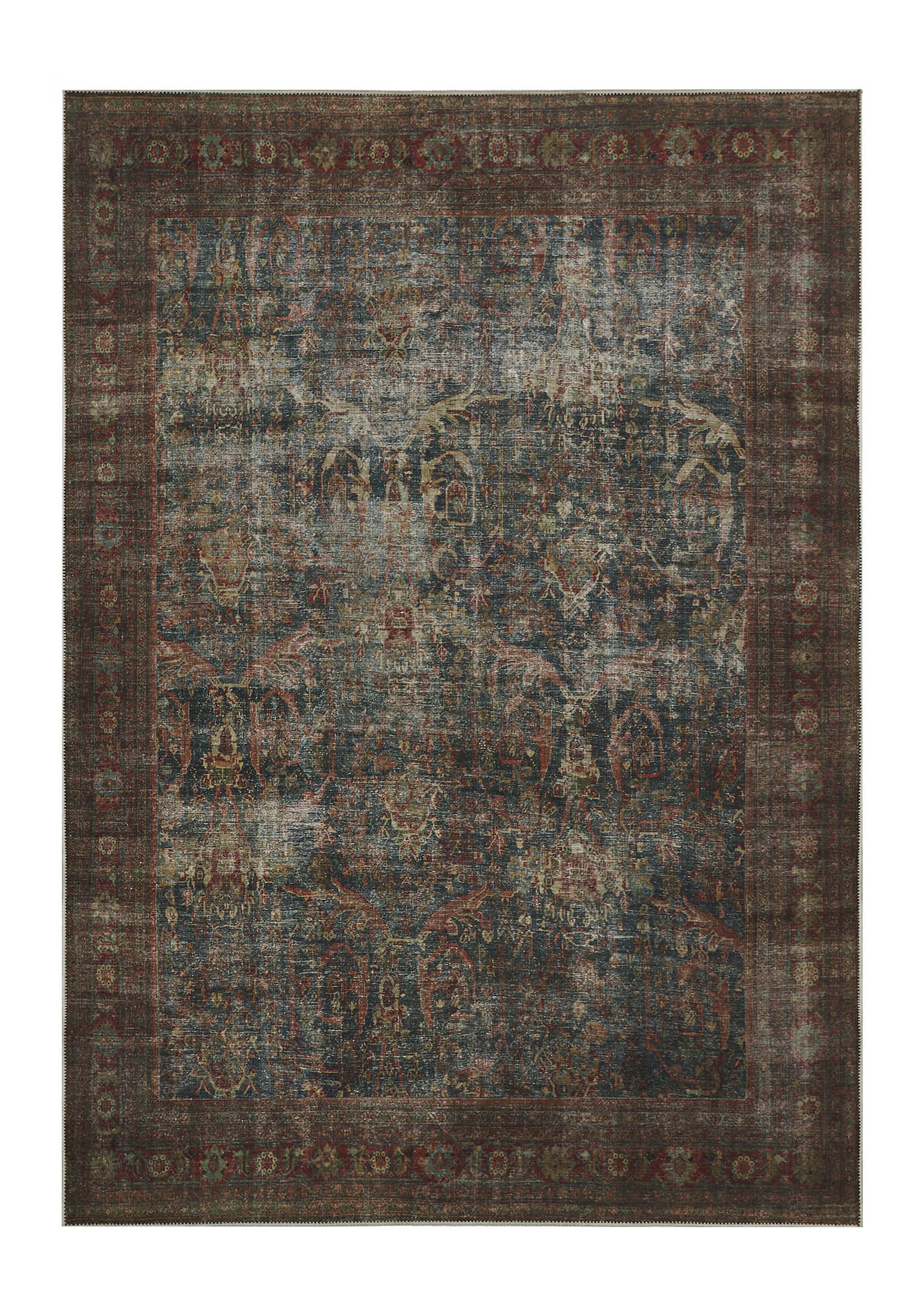 Tapis rectangulaire d'inspiration orientale, couleurs terracotta et bleu, motif floral vieilli, ambiance chaleureuse