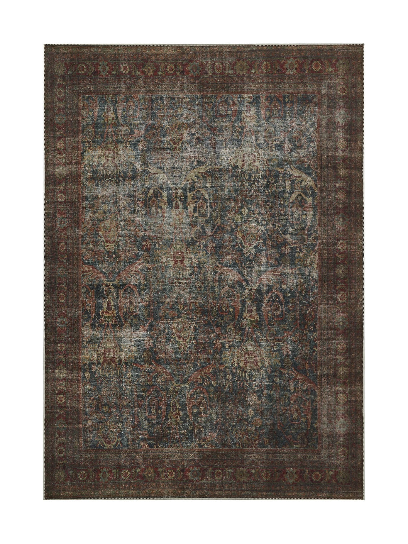Tapis rectangulaire d'inspiration orientale, couleurs terracotta et bleu, motif floral vieilli, ambiance chaleureuse