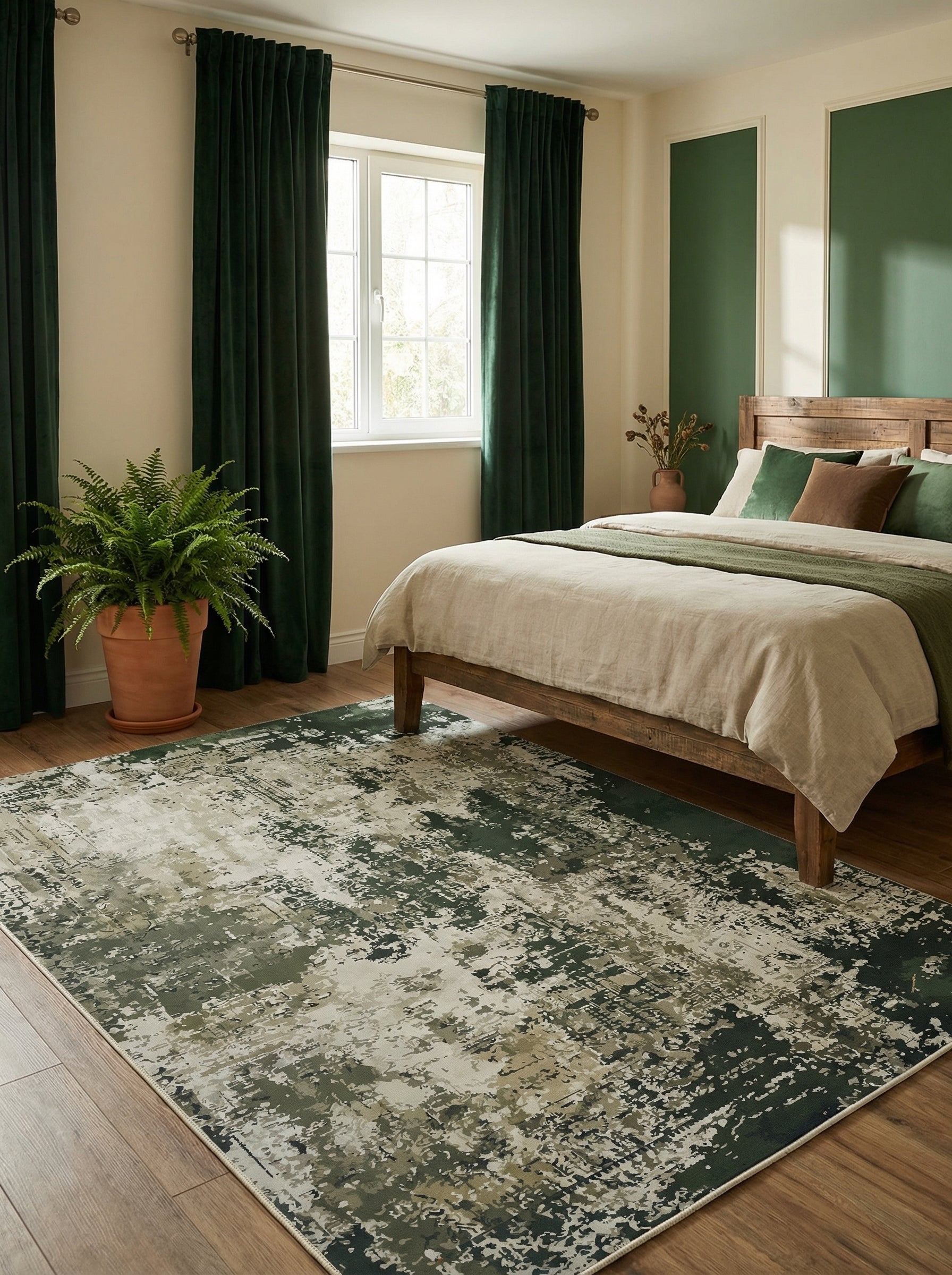 Tapis rectangulaire tissé aux motifs abstraits et dégradés de verts foncés, olive et beige clair, dans une chambre