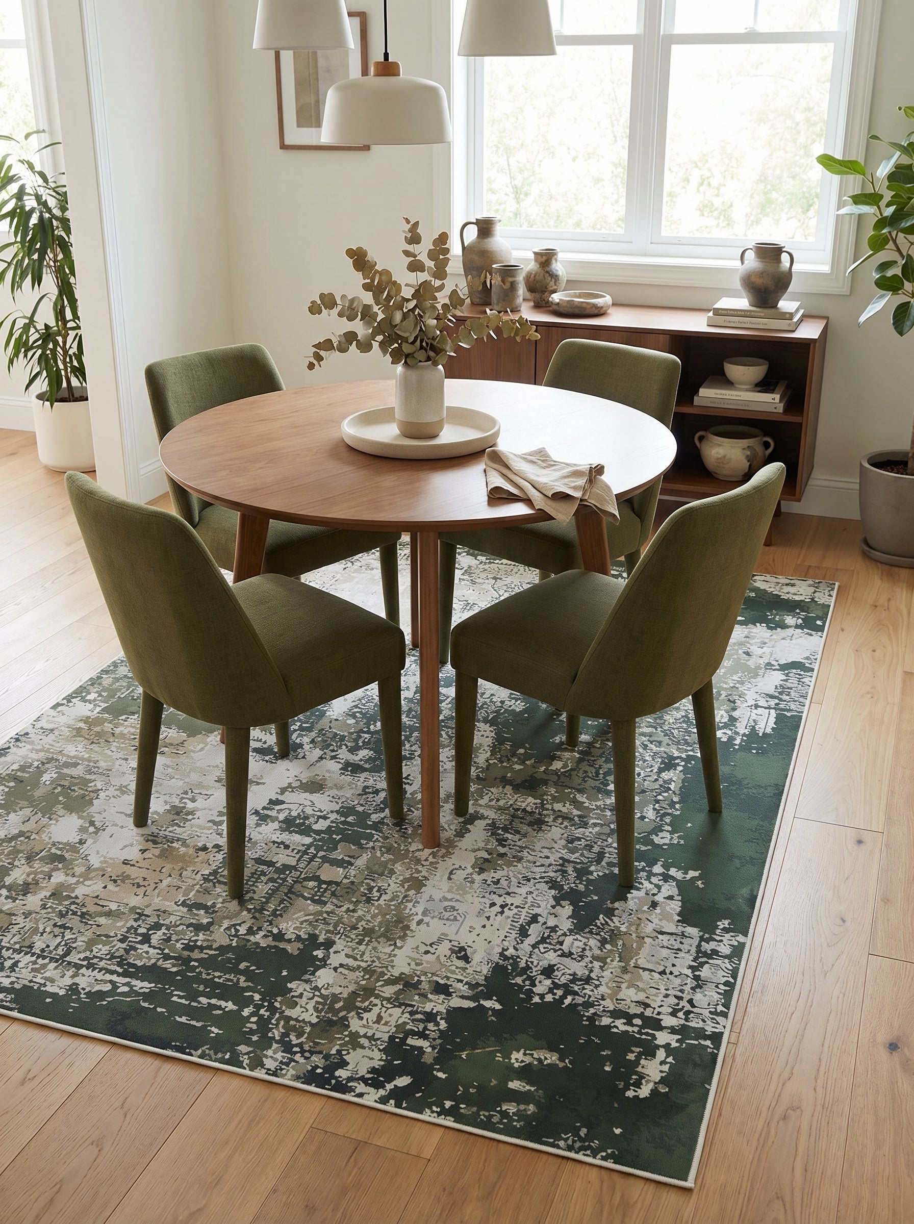 Tapis rectangulaire aux motifs abstraits vert foncé, vert clair, beige et crème, situé sous une table dans une salle à manger