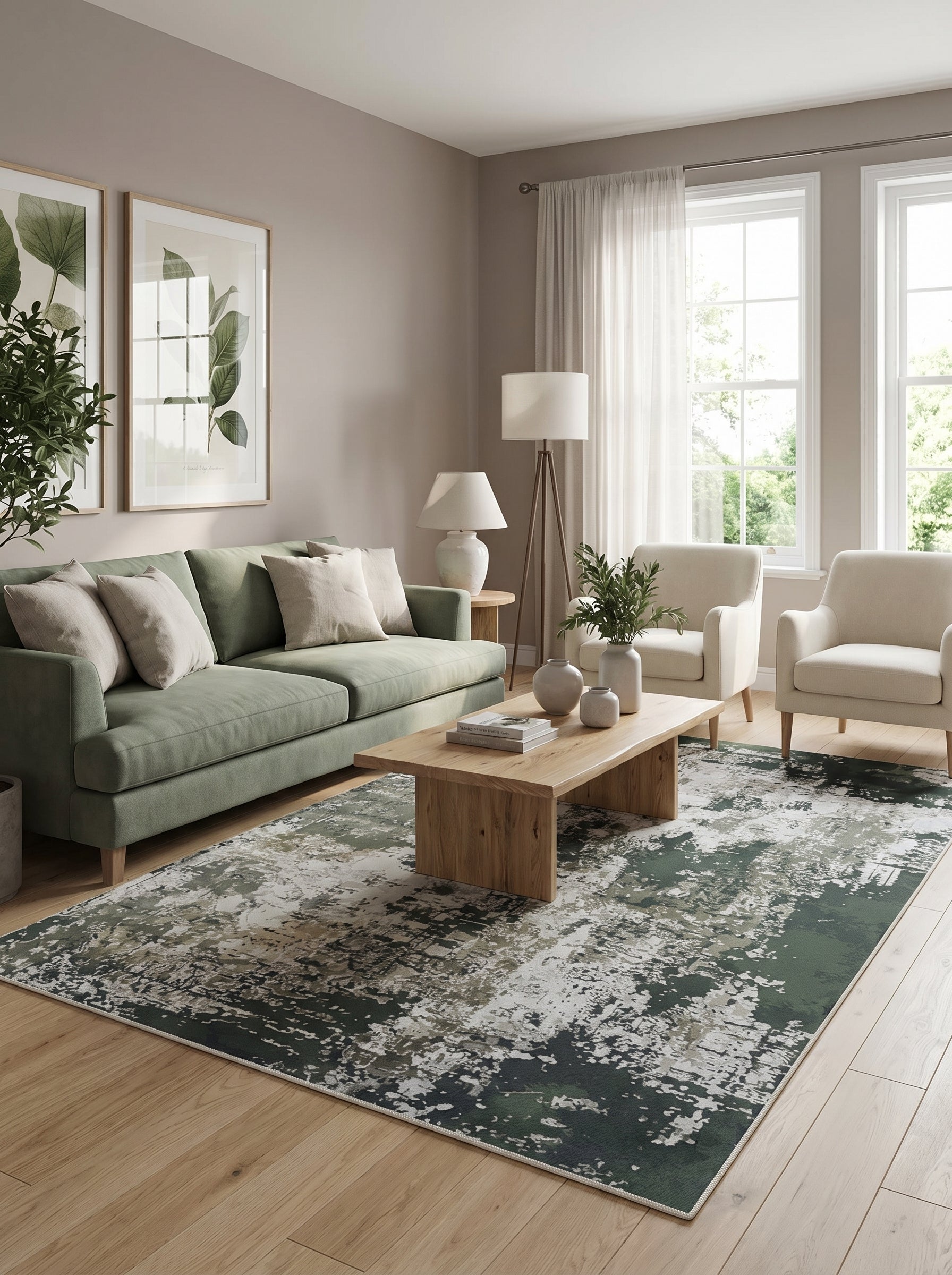 Grand tapis rectangulaire aux motifs abstraits verts, beiges et blanc cassé, sur un parquet clair dans un salon moderne