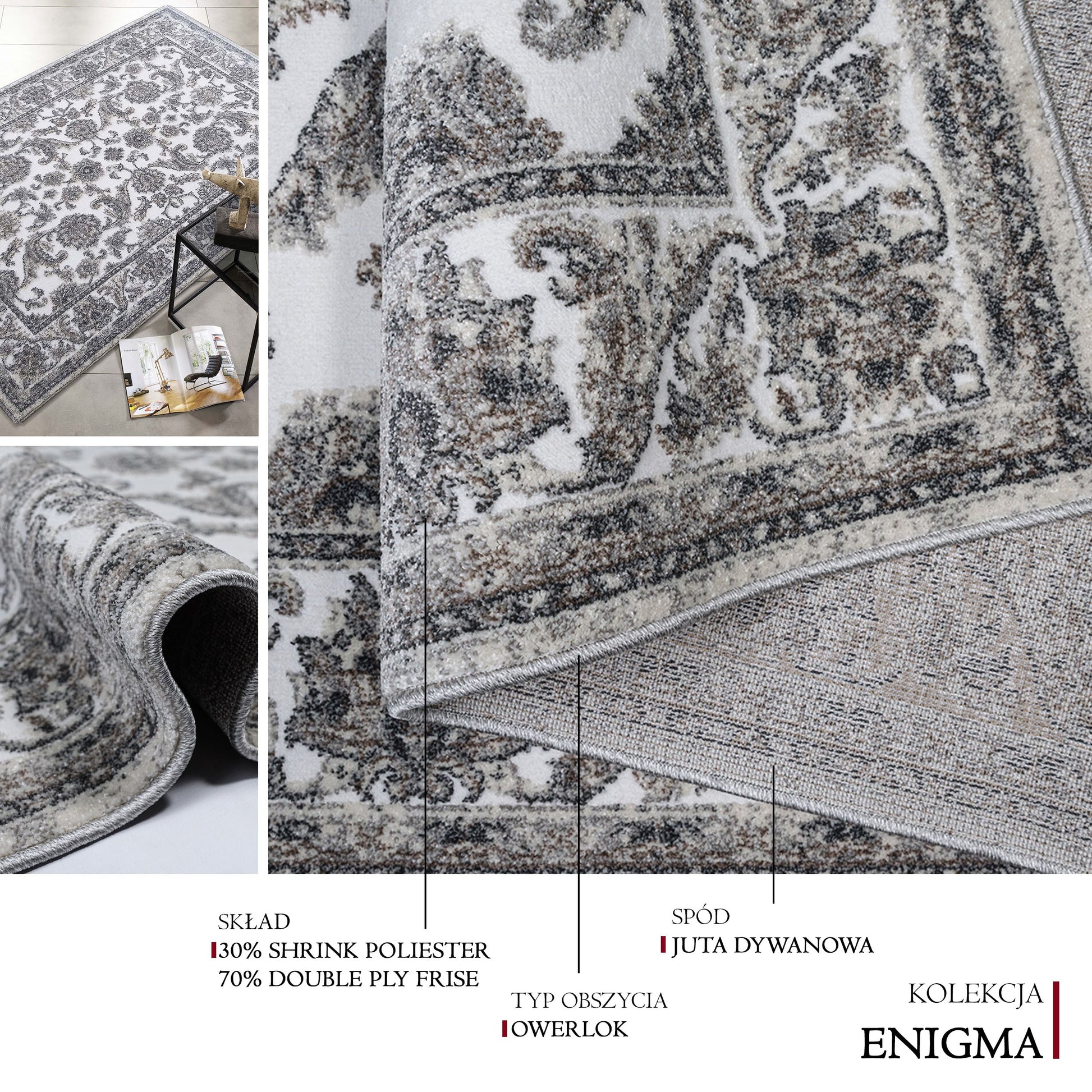 Tapis aux motifs ornementaux classiques en tons de crème, gris, marron et noir, offrant une texture douce et moelleuse