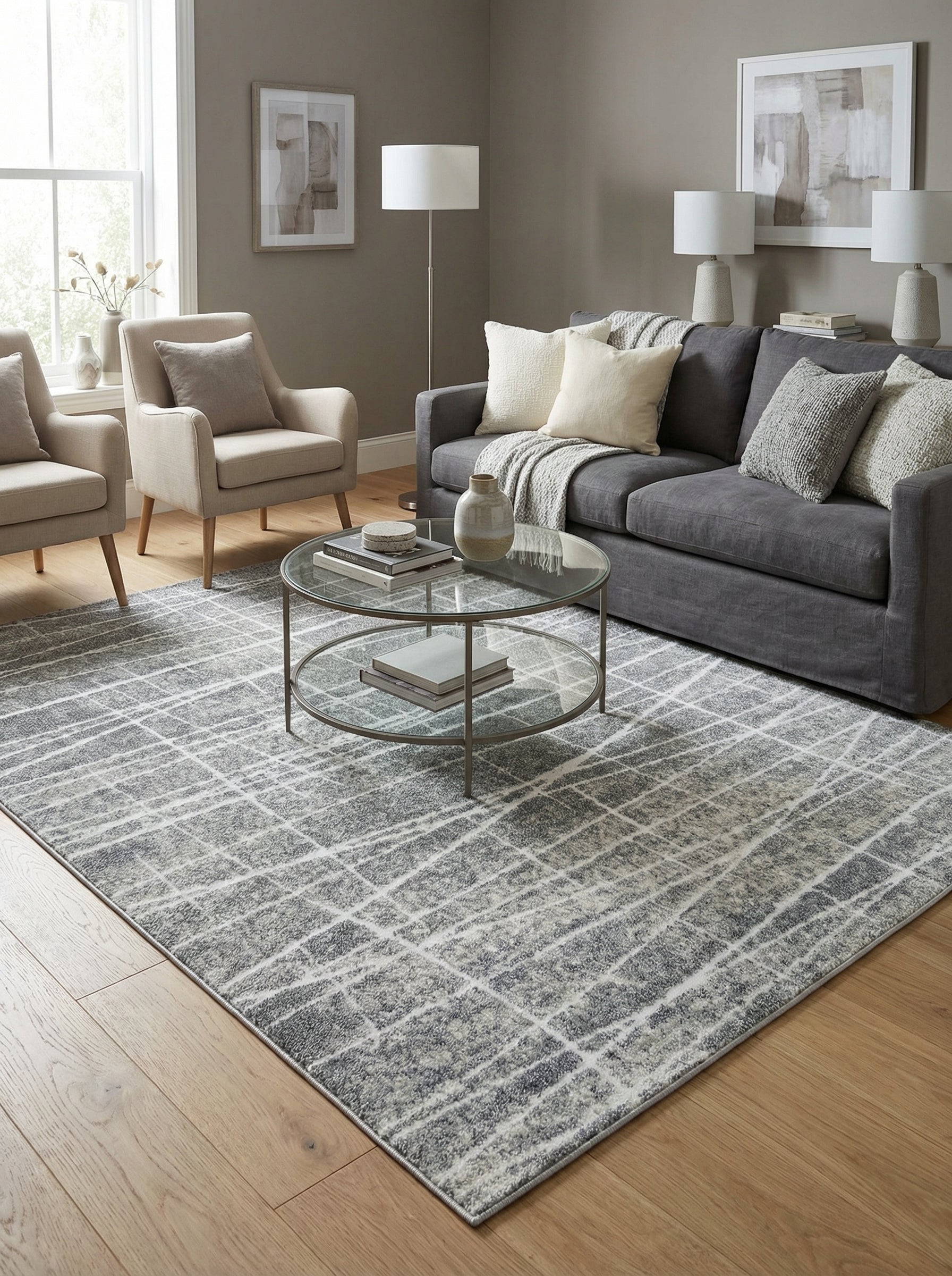 Tapis rectangulaire gris et blanc avec un motif abstrait de lignes irrégulières sur un fond moucheté, posé dans un salon