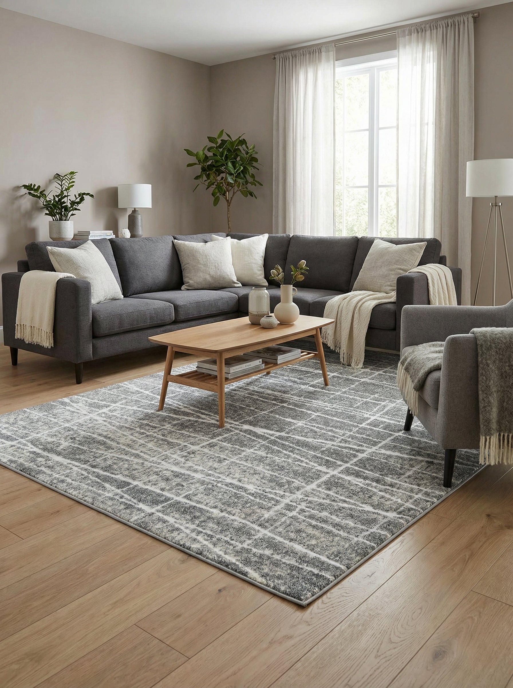 Tapis rectangulaire gris et blanc cassé aux motifs abstraits de lignes croisées, posé sur un parquet clair dans un salon moderne