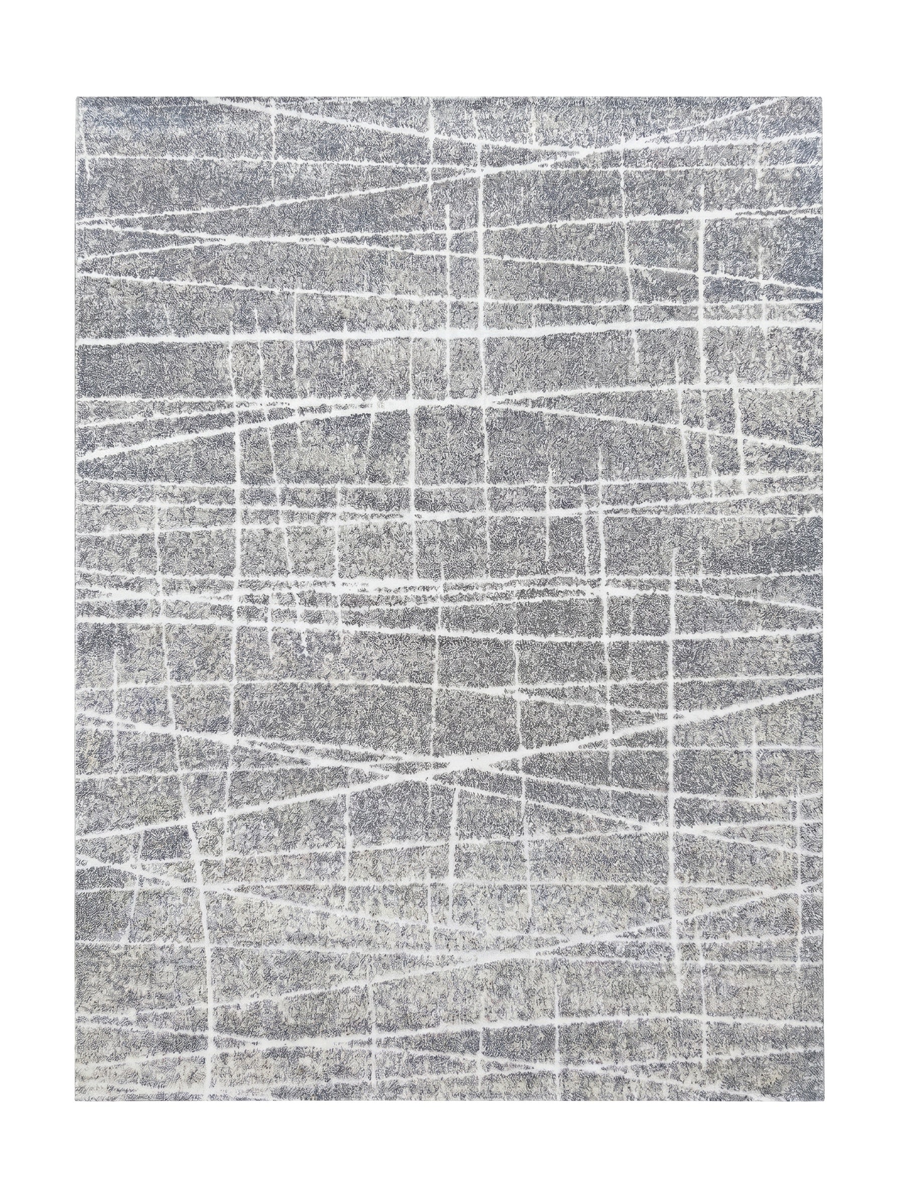 Tapis rectangulaire en textile à poils courts, de couleur gris chiné avec un motif de lignes blanches irrégulières