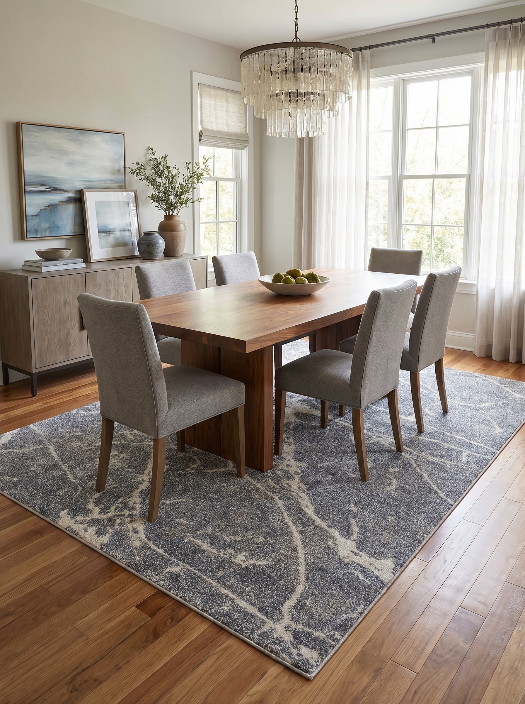 Tapis rectangulaire gris-bleu aux motifs abstraits beiges, posé sous une table dans une salle à manger lumineuse
