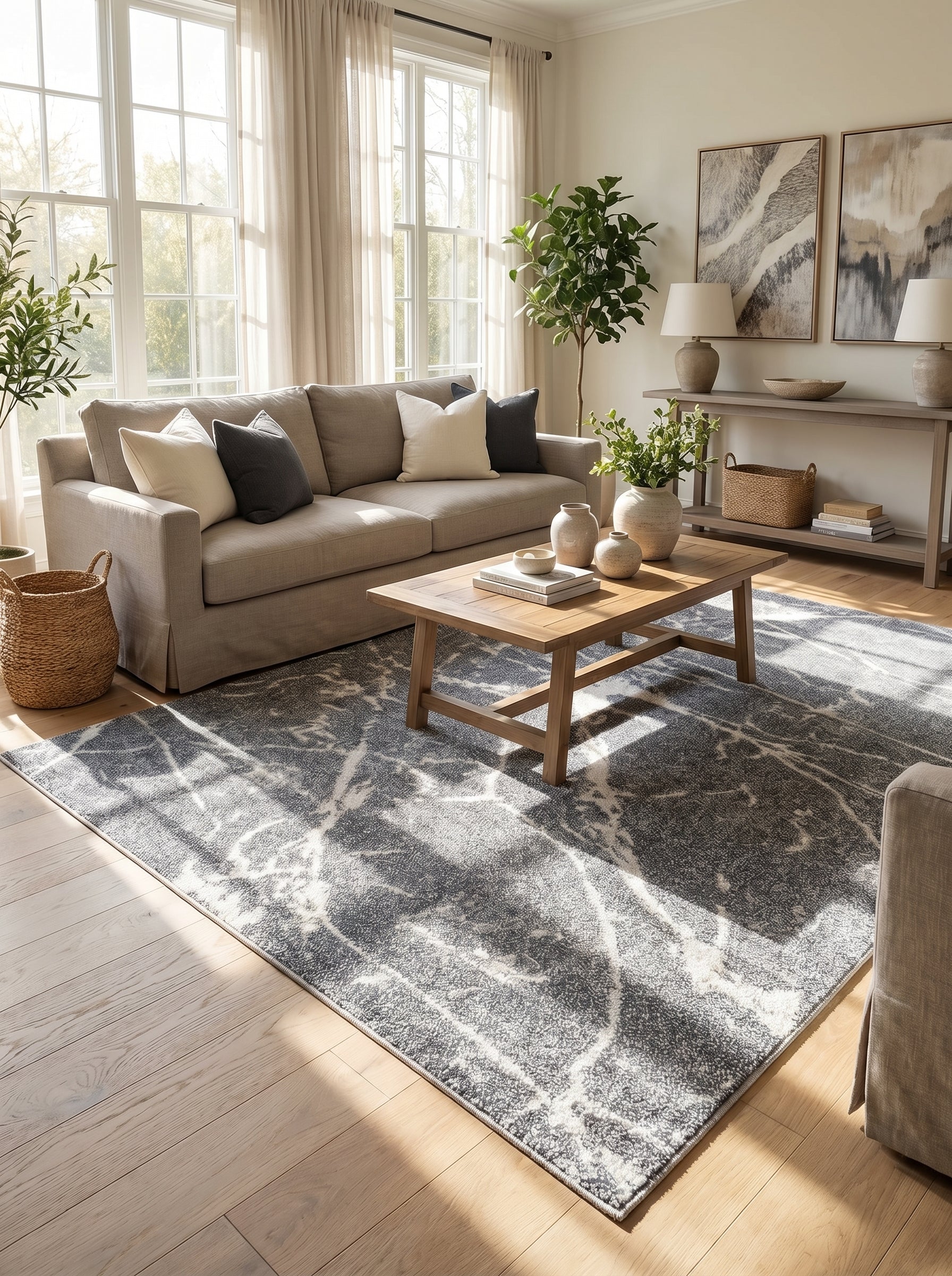 Tapis rectangulaire gris foncé à motifs abstraits clairs évoquant des veines de marbre, posé dans un salon lumineux
