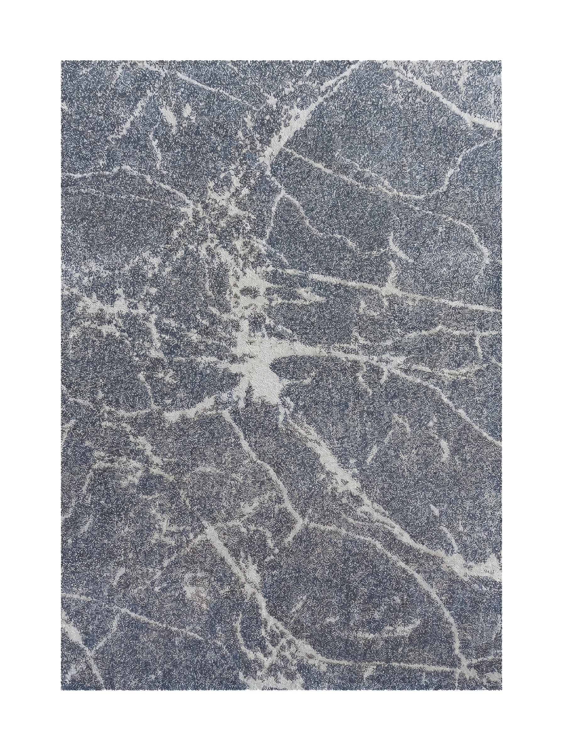 Tapis doux à poils longs, gris foncé avec des motifs abstraits blanc cassé rappelant des veines de marbre