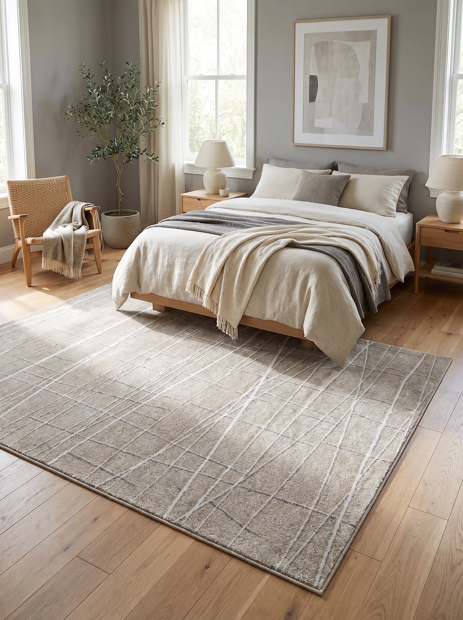 Tapis beige à motif de lignes géométriques claires et sombres entrecroisées, posé sur un parquet dans une chambre moderne