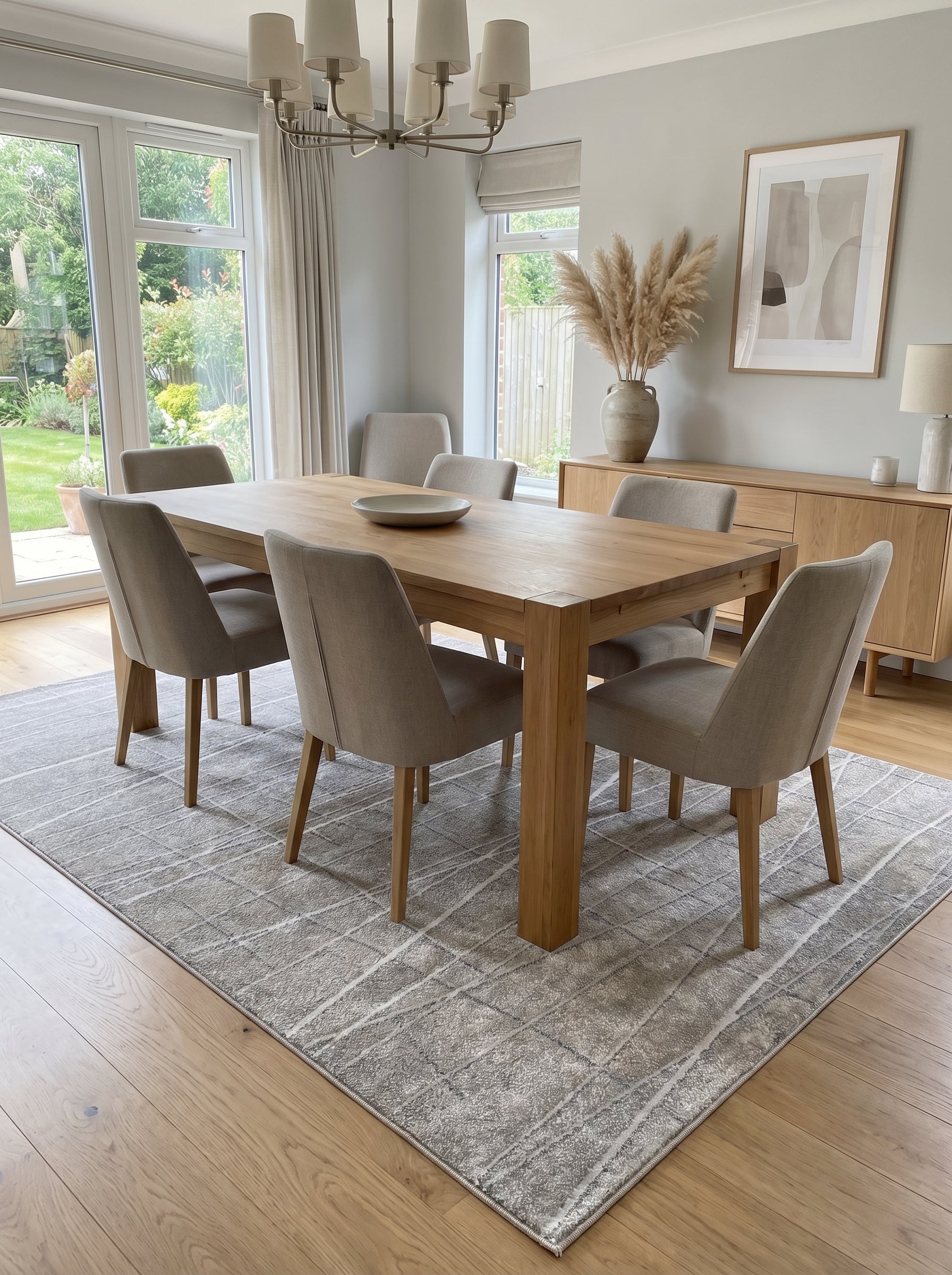 Tapis rectangulaire gris aux motifs géométriques abstraits de lignes claires et foncées entrecroisées, créant un effet texturé, sous une table en bois dans une salle à manger lumineuse