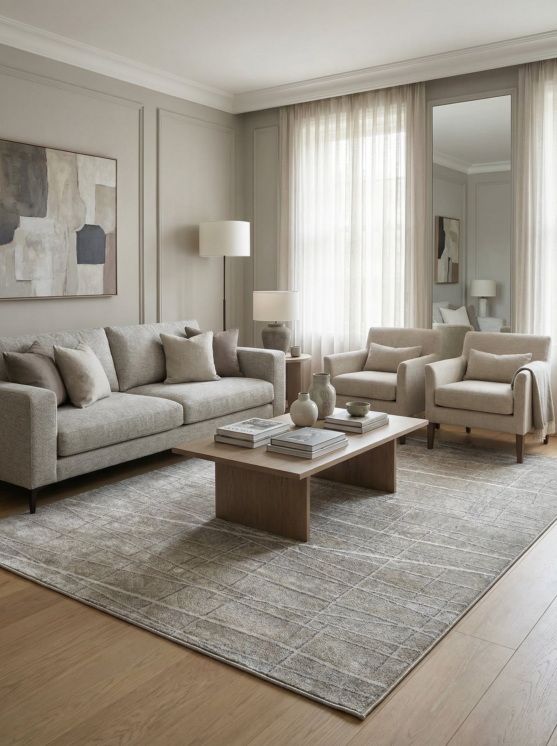 Tapis rectangulaire tissé, tons beige et gris clair, avec motifs géométriques de lignes entrecroisées, dans un salon