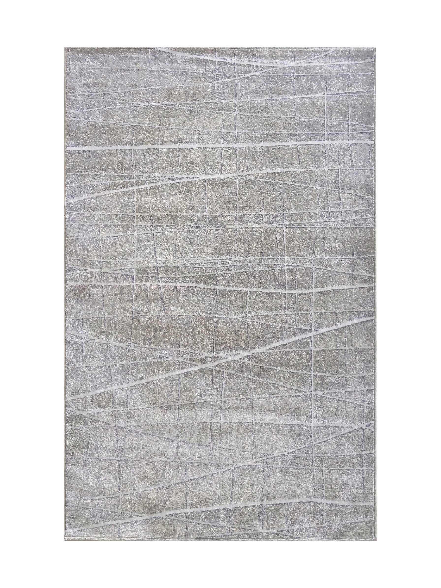 Tapis rectangulaire au poil court gris avec un motif abstrait de lignes fines et claires sur fond chiné