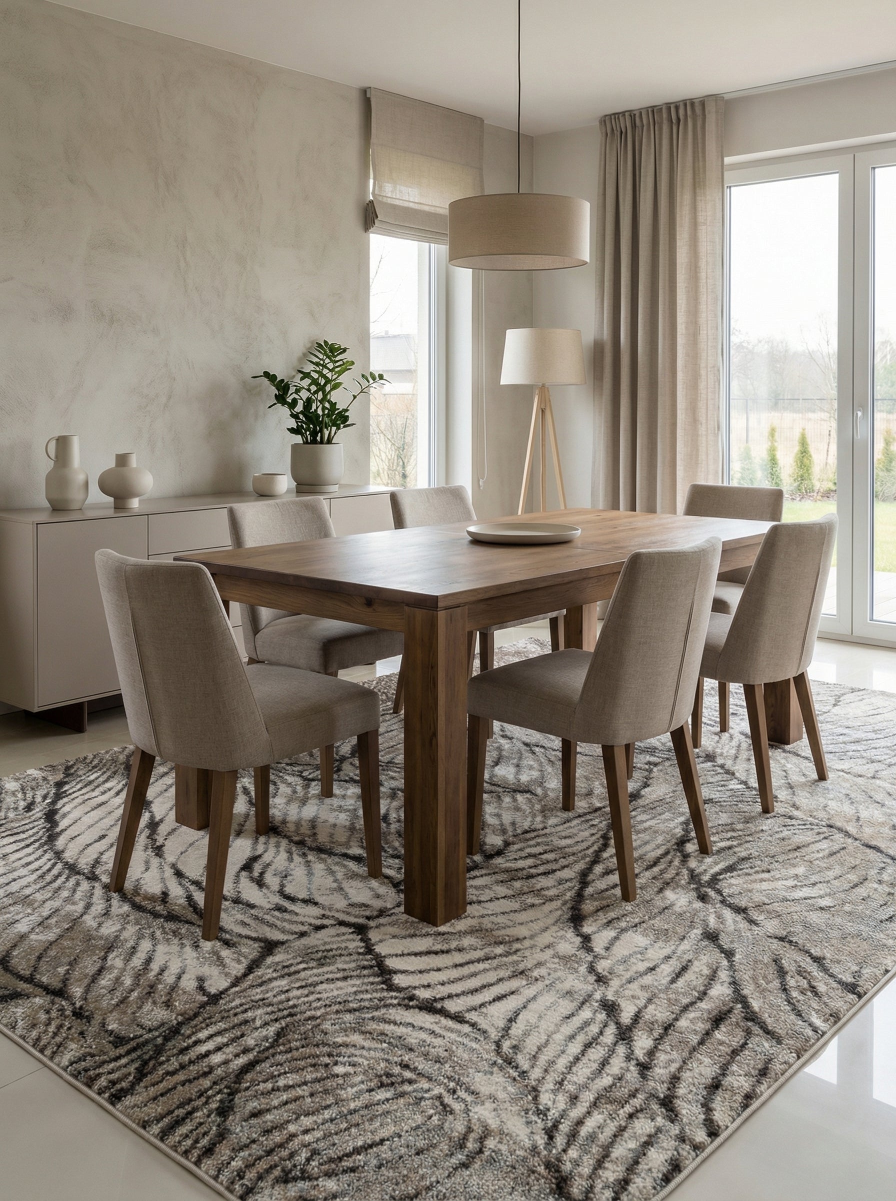 Tapis rectangulaire beige et gris à motifs abstraits de feuilles texturées, posé sous la table d'une salle à manger moderne