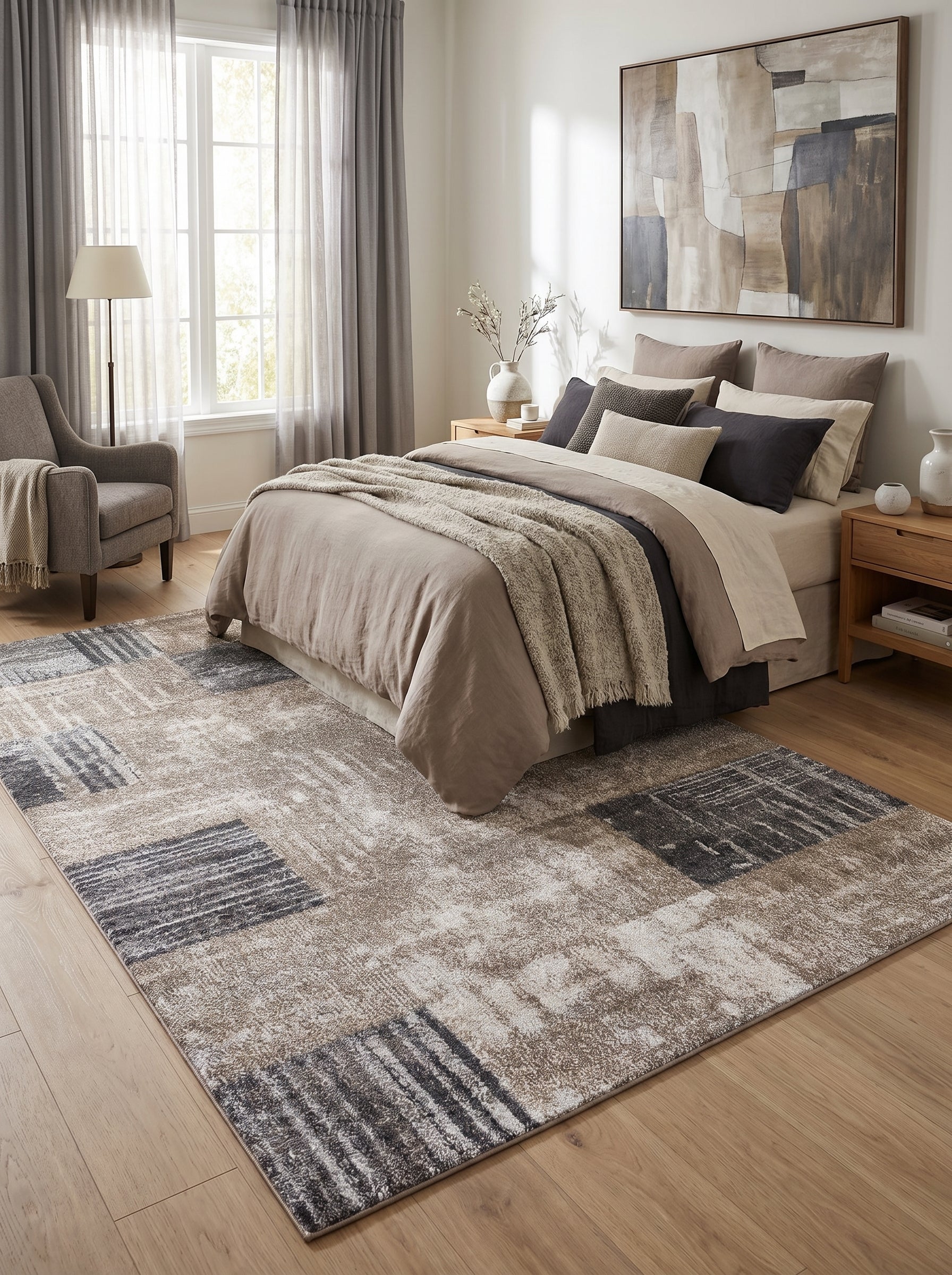 Tapis rectangulaire aux motifs abstraits et texturés mélangeant beige, gris foncé et blanc cassé, dans une chambre