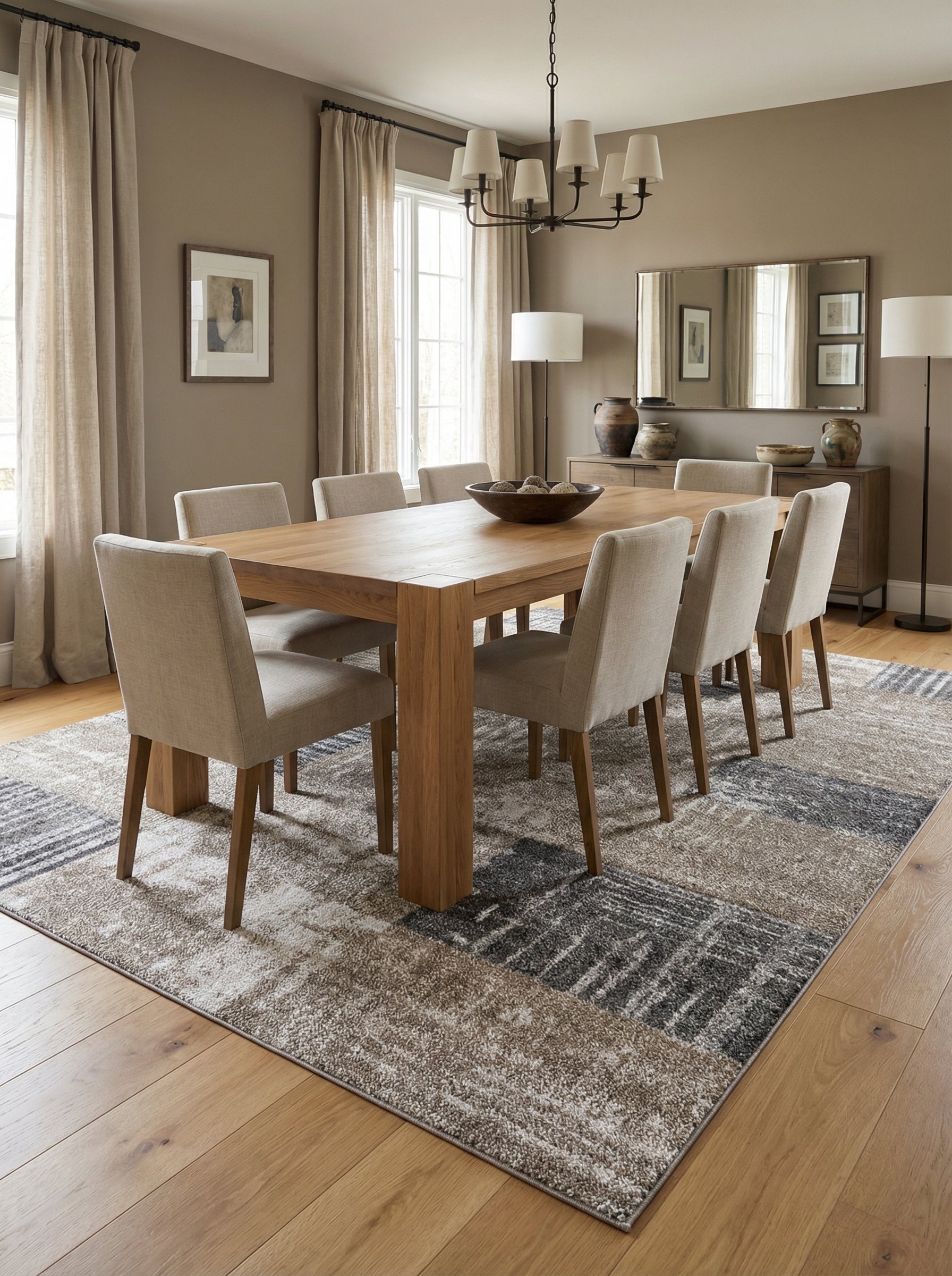 Tapis rectangulaire texturé aux motifs abstraits et couleurs neutres (beige, marron, gris), posé dans une salle à manger