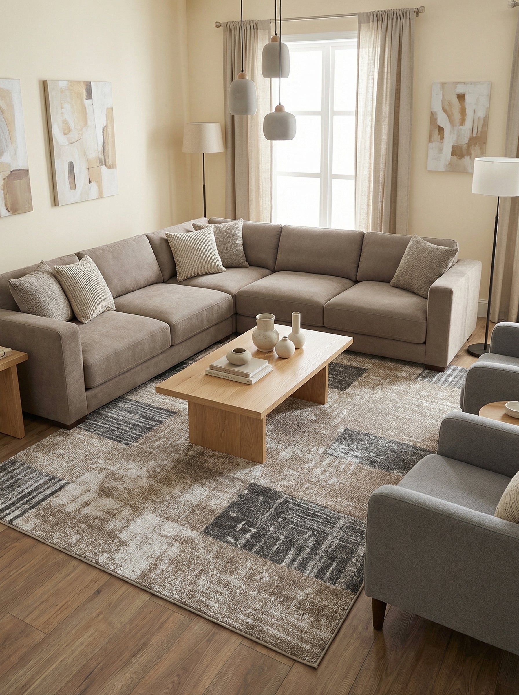 Tapis rectangulaire à motifs abstraits beiges, marrons, gris foncé et blancs cassés, d'aspect texturé et vieilli, dans un salon