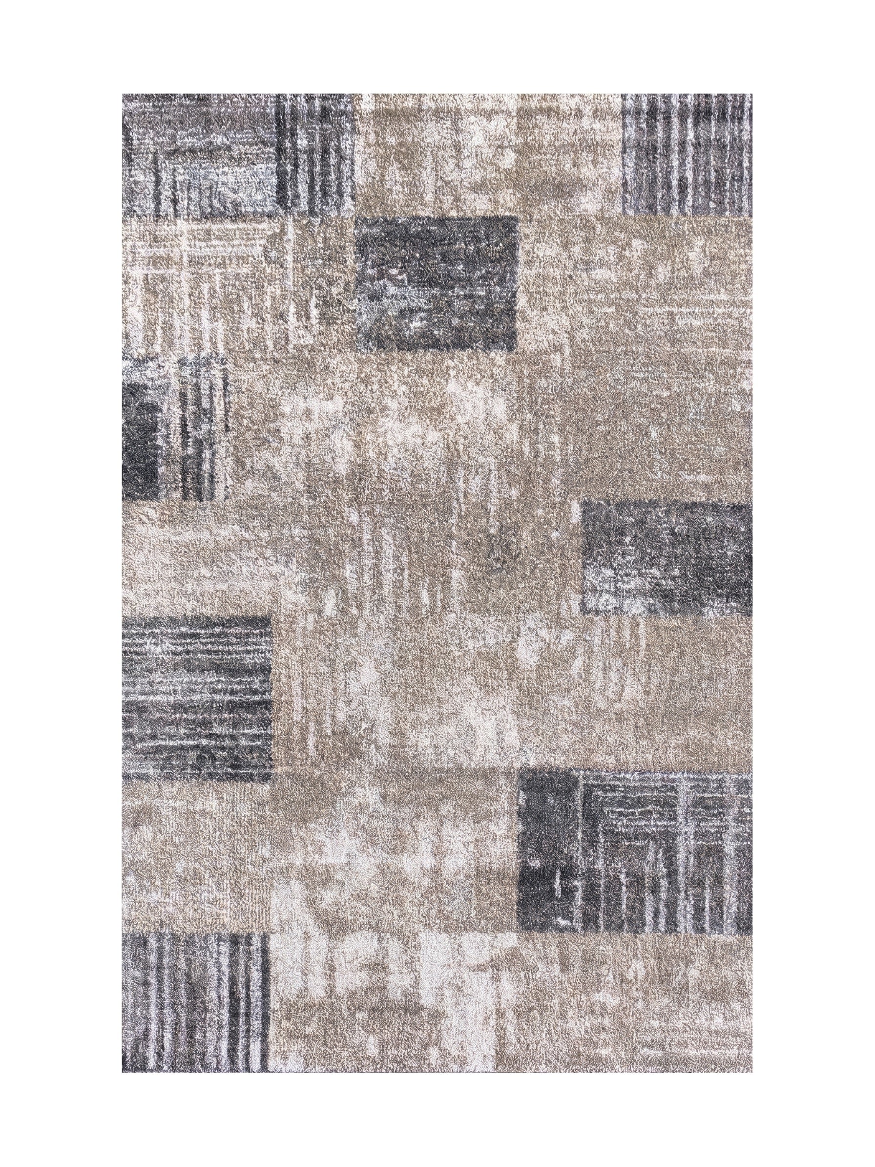 Tapis texturé beige, gris et blanc, avec des motifs de blocs rectangulaires abstraits et des rayures
