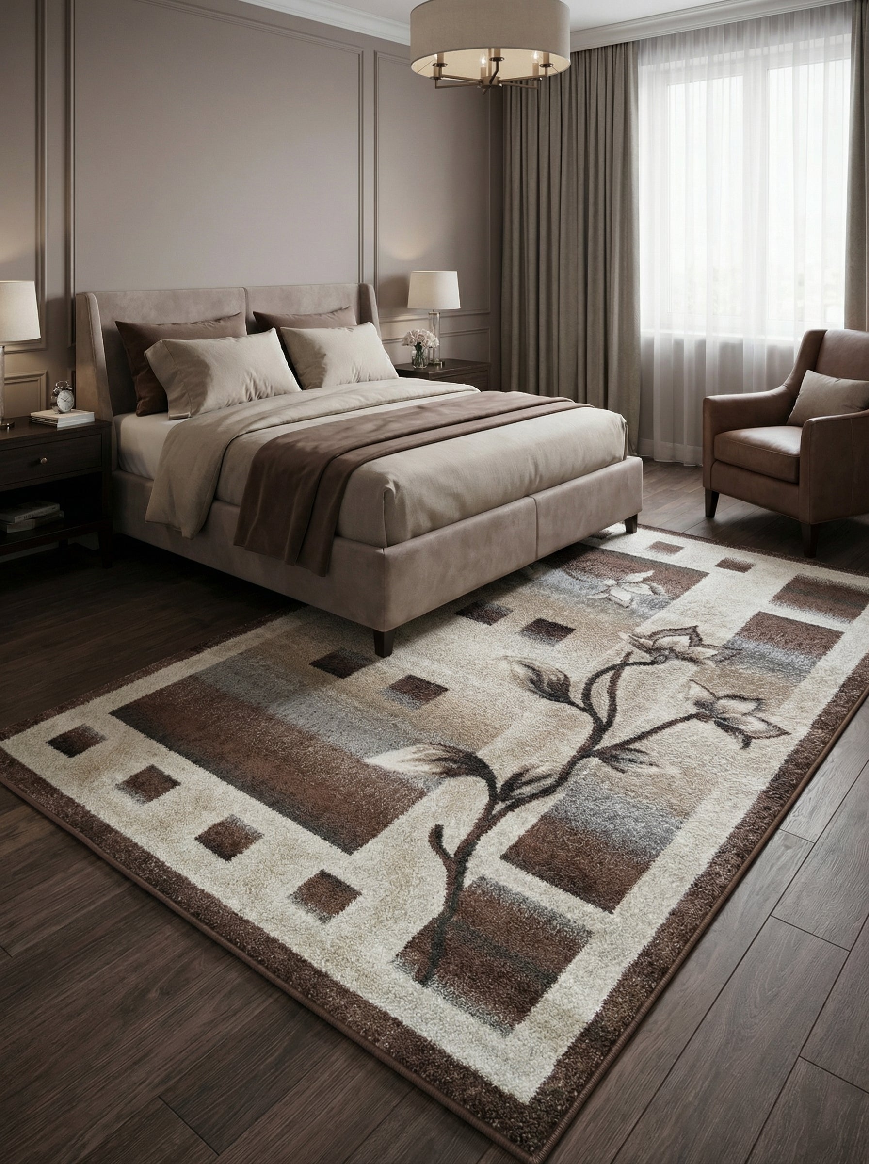 Tapis rectangulaire à poils mi-longs, à motifs géométriques et floraux en marron, blanc cassé et gris, posé dans une chambre