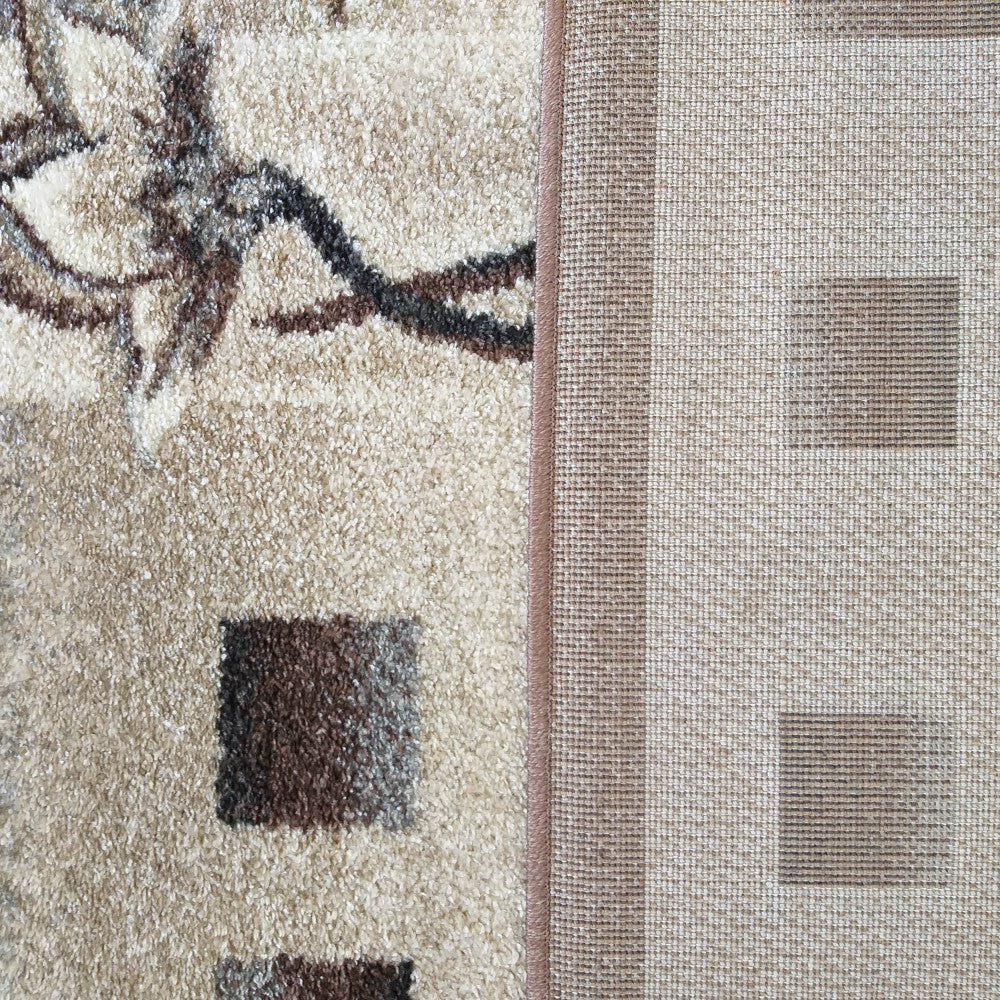 Dessus et envers d'un tapis beige texturé à motifs marron abstraits et carrés, l'envers étant tissé crème à motifs géométriques