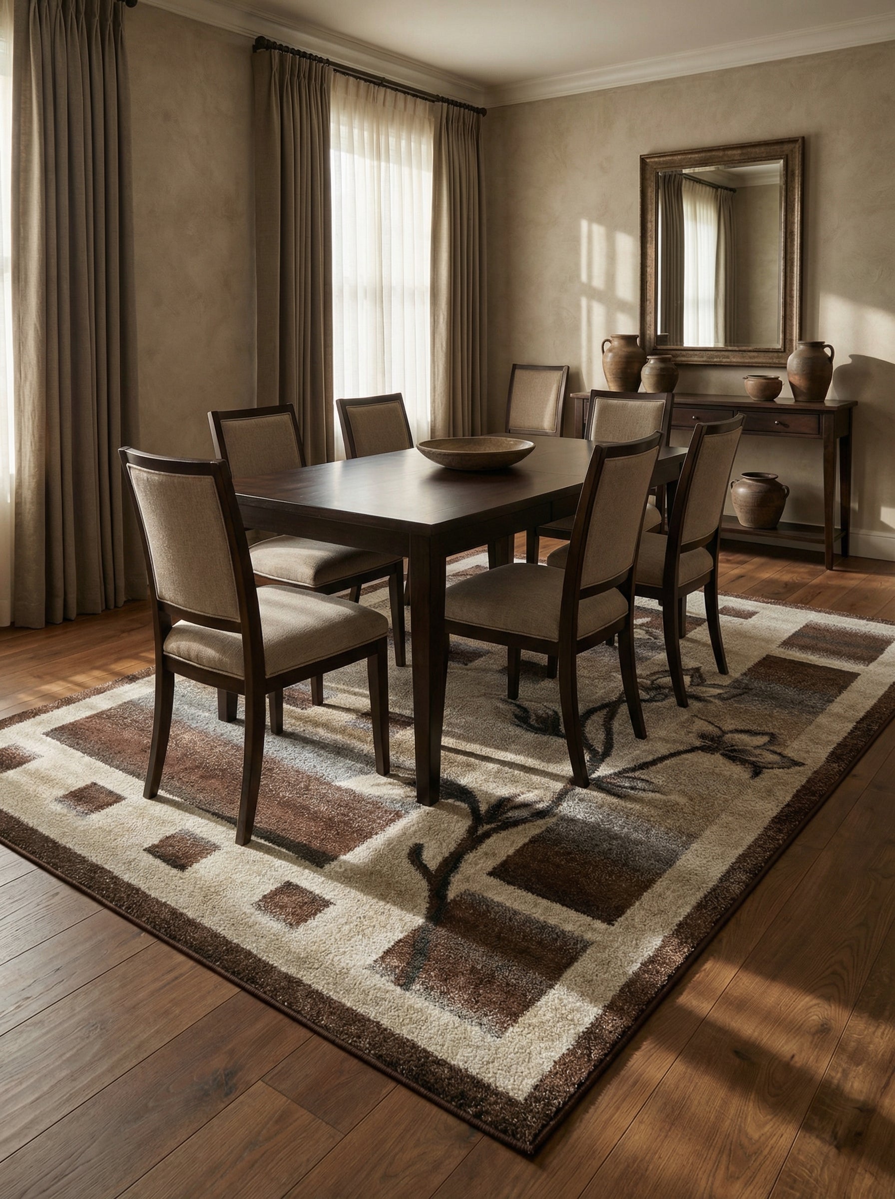 Tapis rectangulaire à poils longs beige, marron chocolat et gris, avec des motifs géométriques et floraux sombres, posé dans une salle à manger meublée