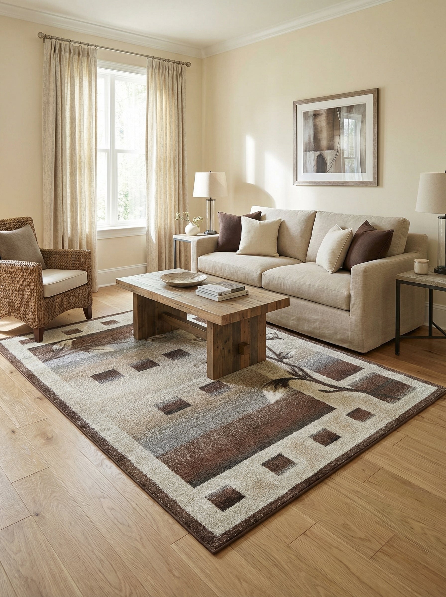 Tapis rectangulaire aux motifs géométriques et branches stylisées marron, beige et gris clair, dans un salon meublé