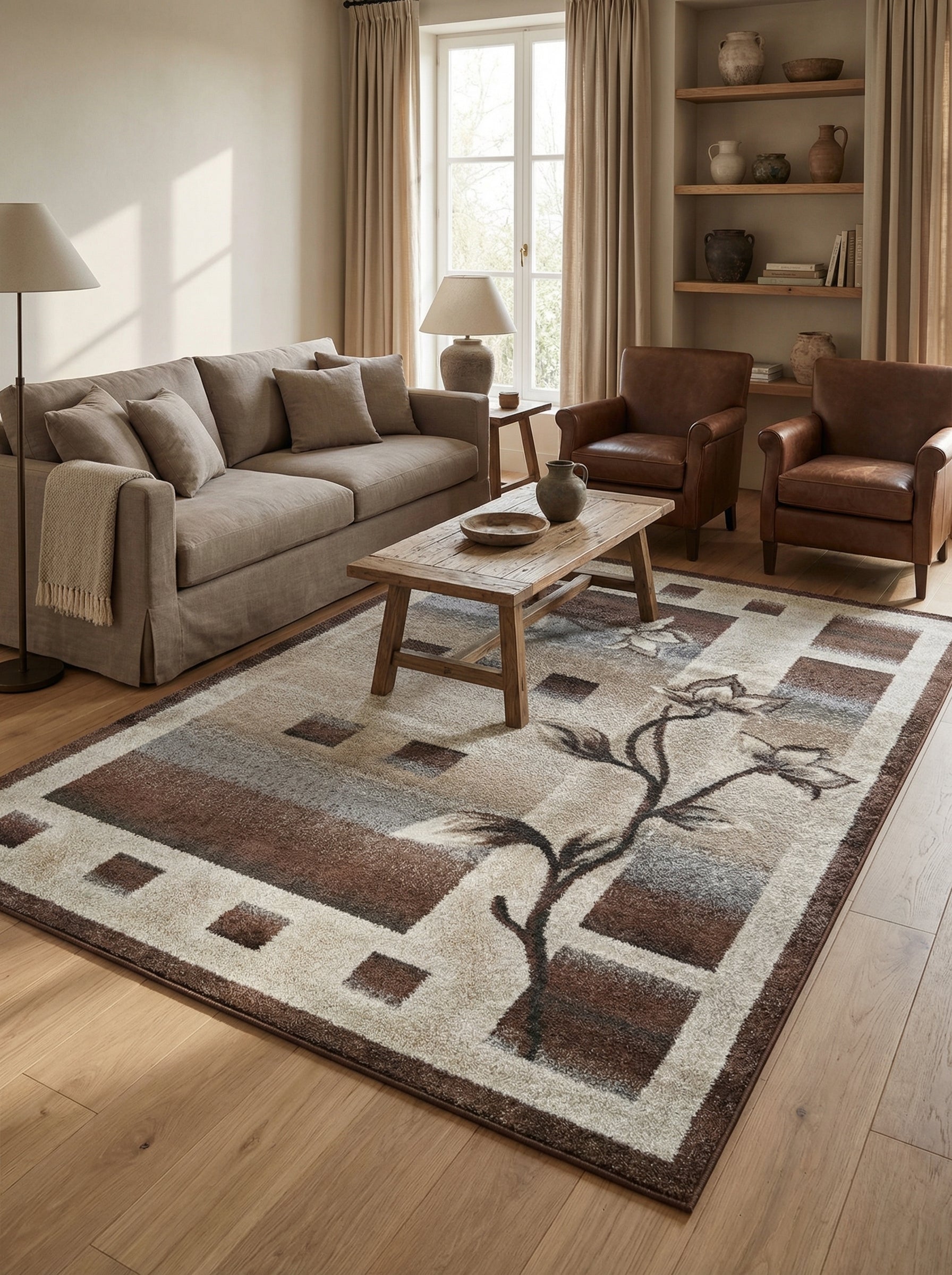 Tapis rectangulaire moelleux beige, marron et gris, avec motifs géométriques et une branche florale stylisée, dans un salon