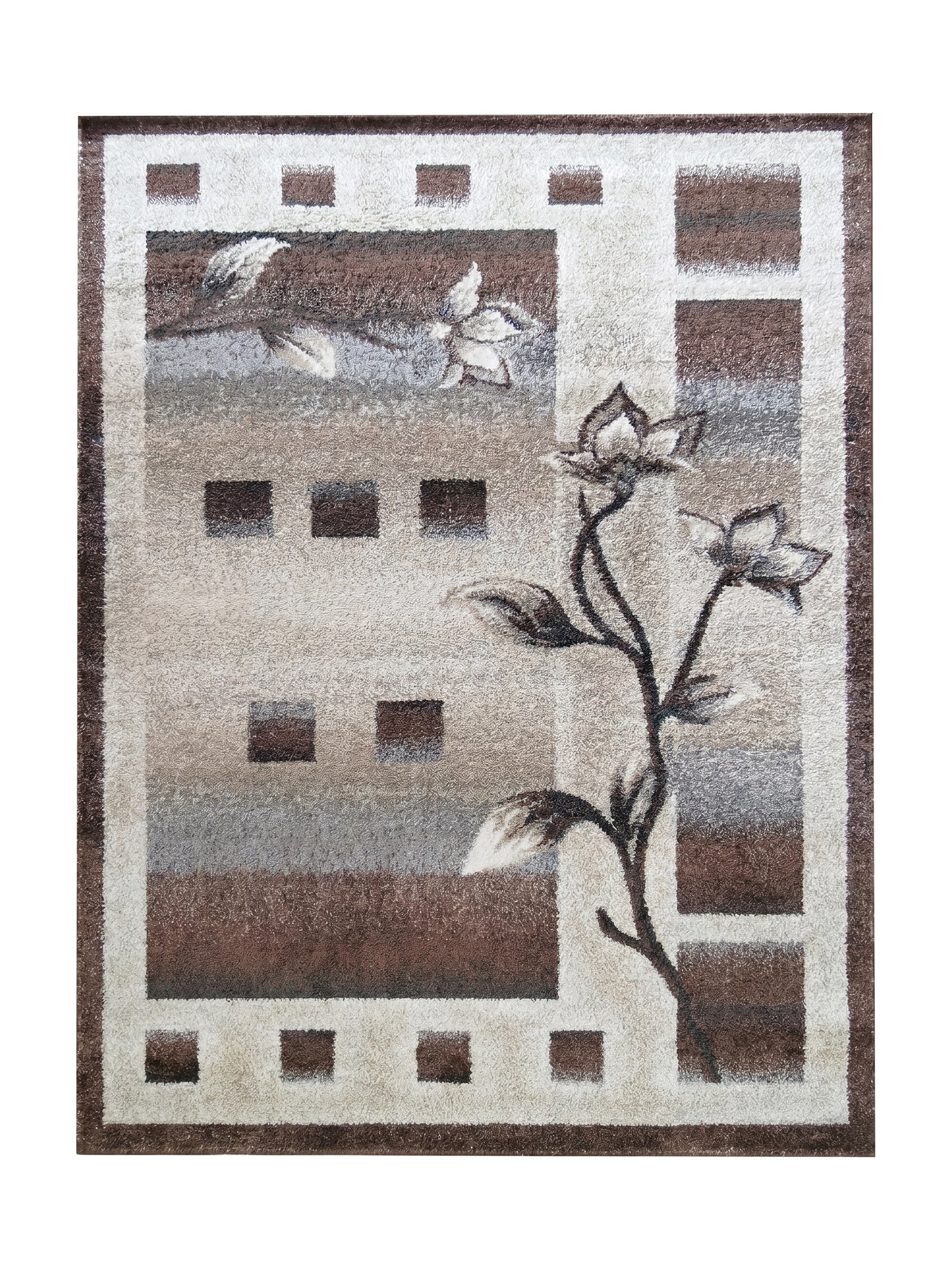 Tapis rectangulaire à texture douce, beige, marron et gris, orné de motifs géométriques et d'une branche fleurie