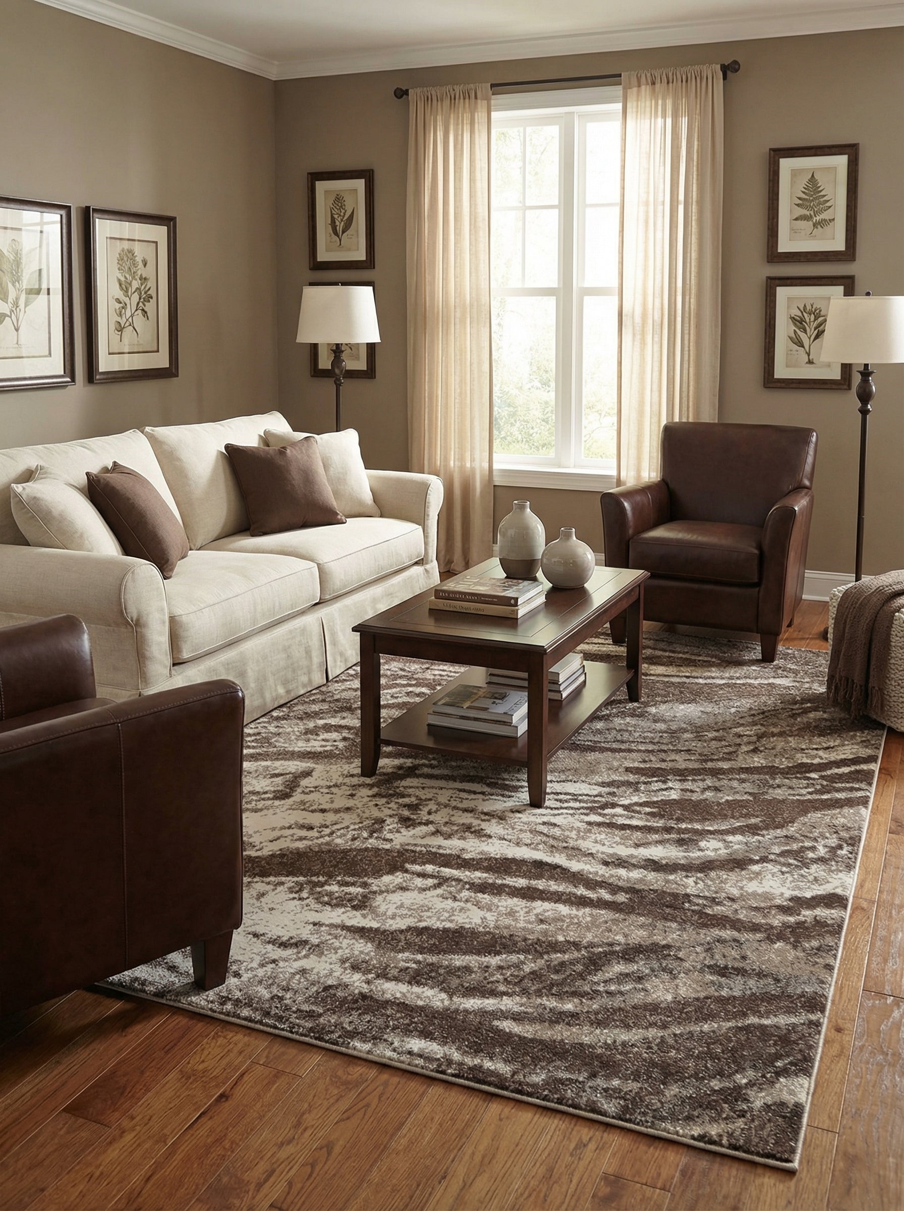 Tapis rectangulaire à motifs abstraits marron foncé, beige et crème, posé sur un plancher en bois dans un salon