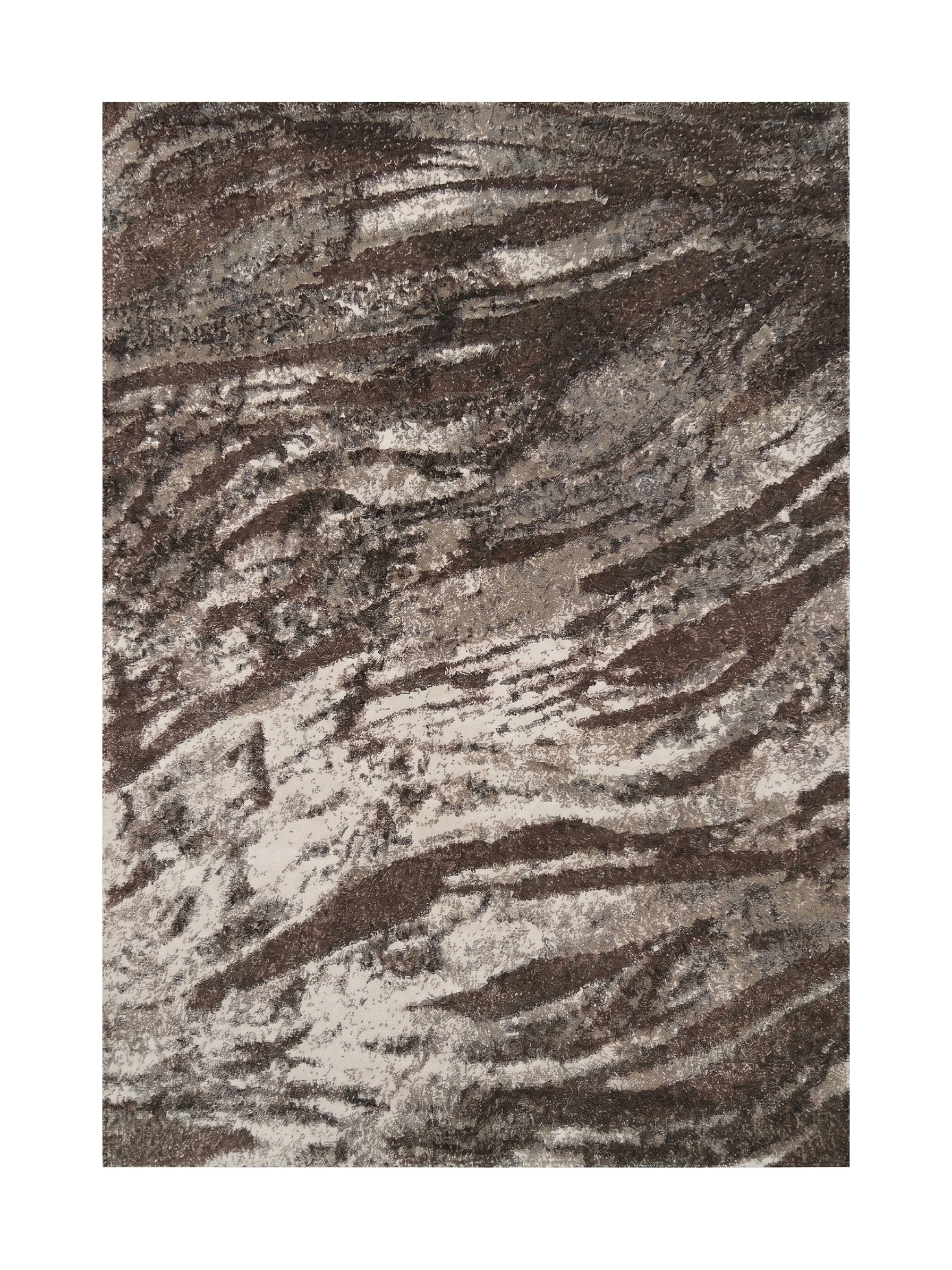 Tapis à la texture douce et aux motifs abstraits brun foncé, beige clair et blanc cassé en larges bandes
