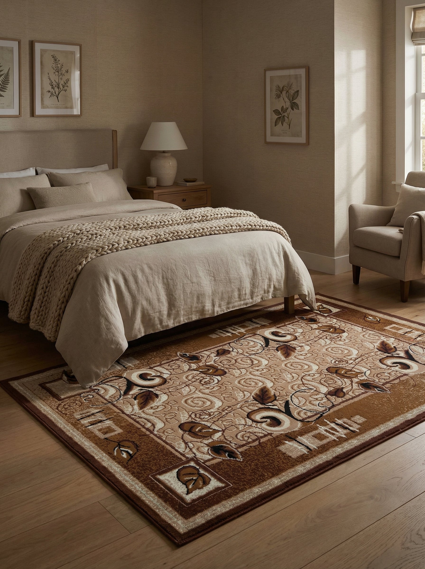 Tapis rectangulaire beige et marron avec motifs floraux centraux et bordure géométrique, dans une chambre