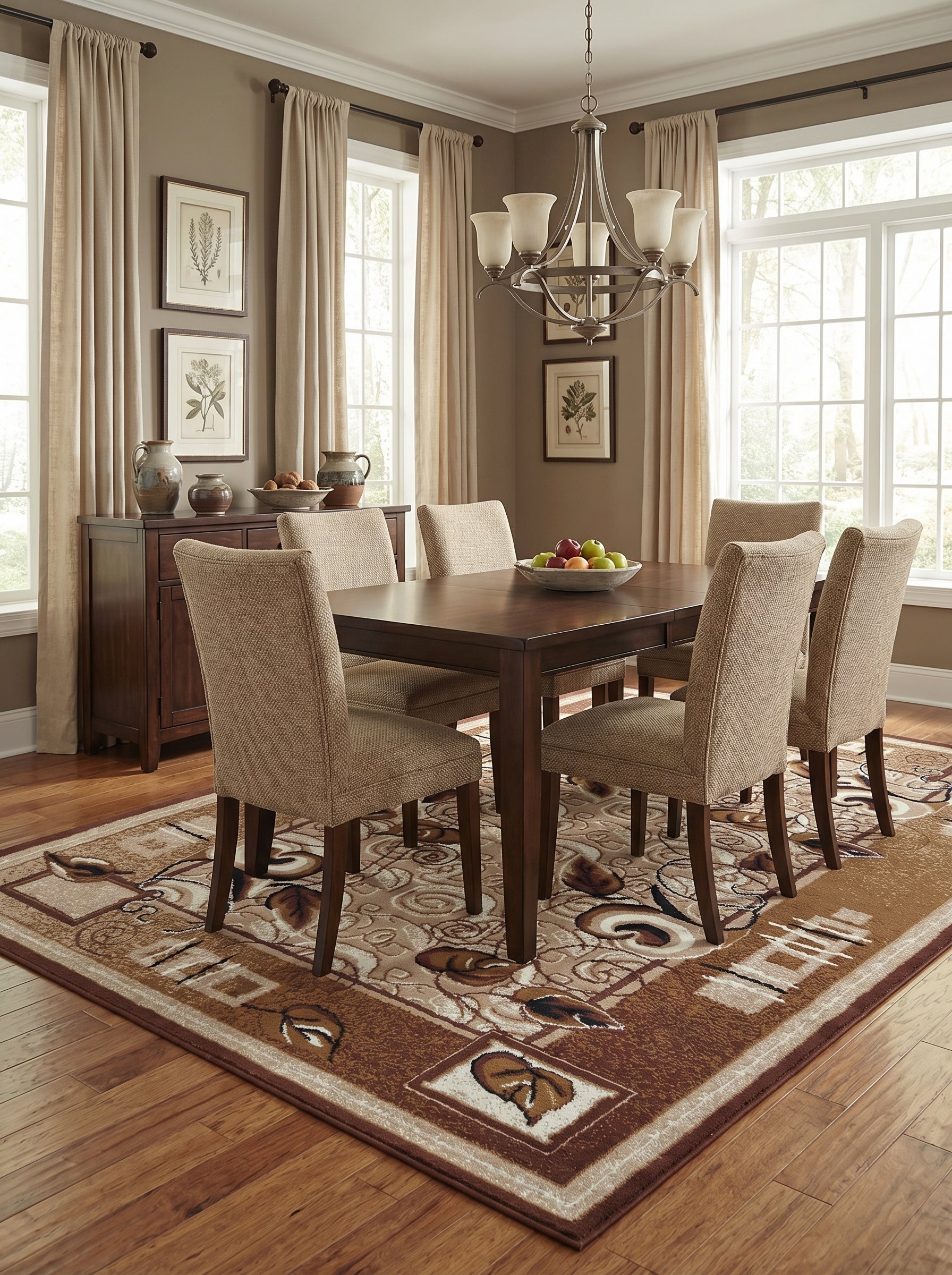 Tapis rectangulaire beige, crème et marron à motifs de volutes et feuilles, bordé de formes géométriques, sous une table de salle à manger