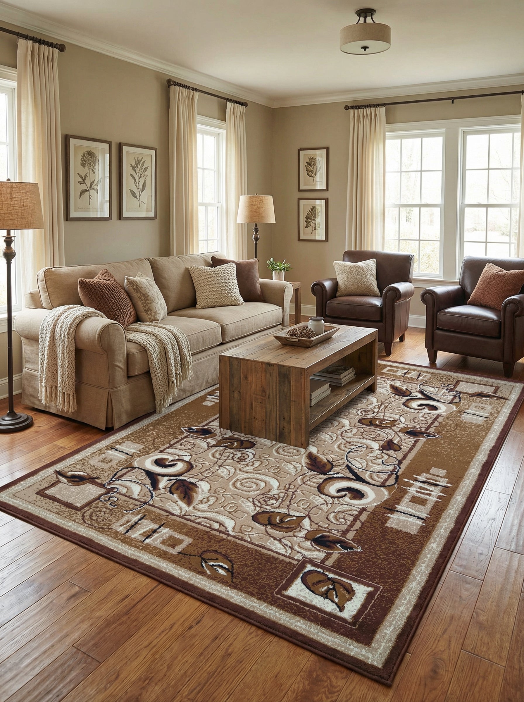 Tapis rectangulaire aux motifs floraux abstraits marron, beige et blanc, avec une bordure brun foncé, posé dans un salon aménagé