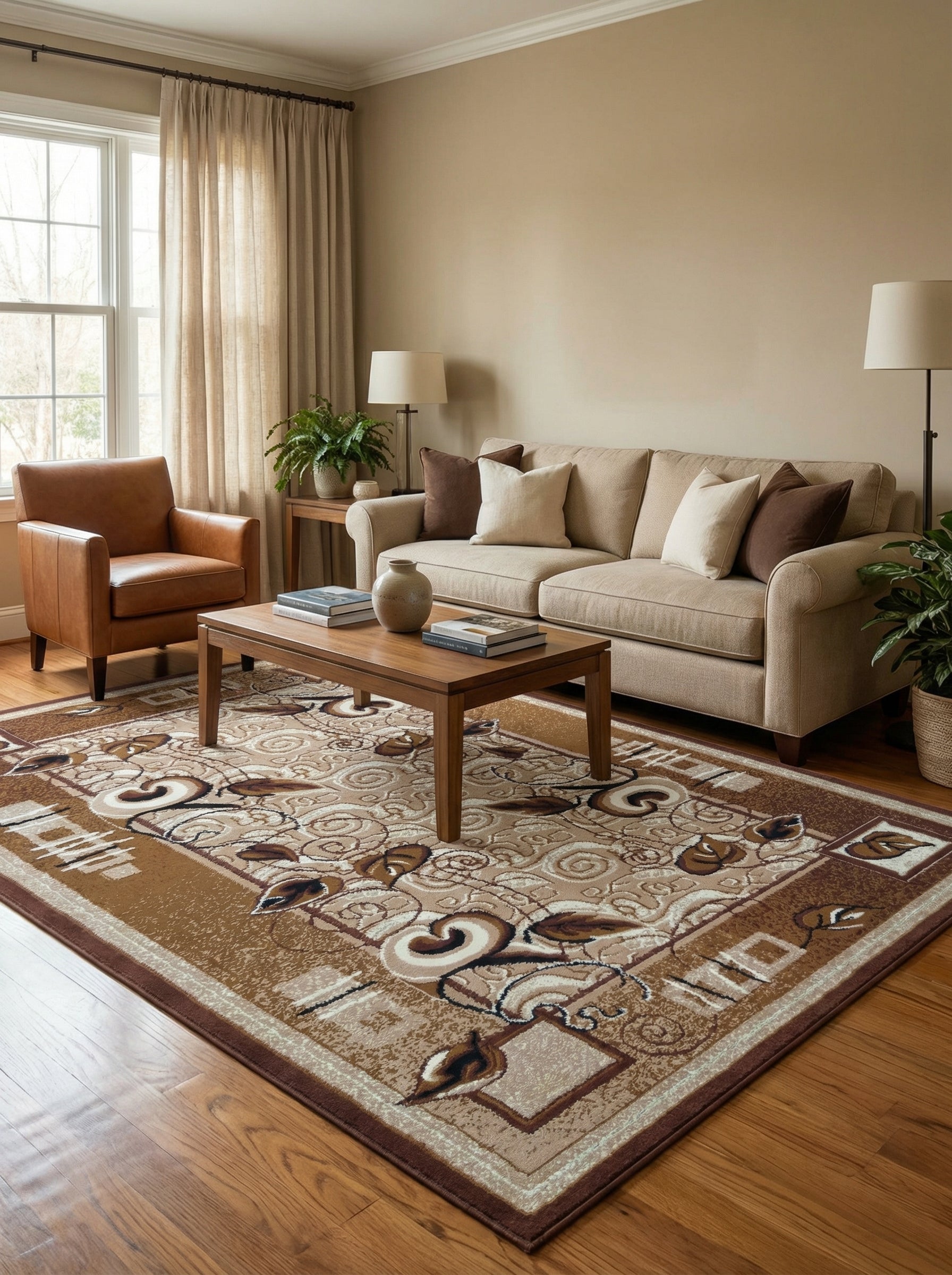 Tapis rectangulaire tissé, motifs floraux et géométriques bruns, beiges et crème. Il est dans un salon chaleureux