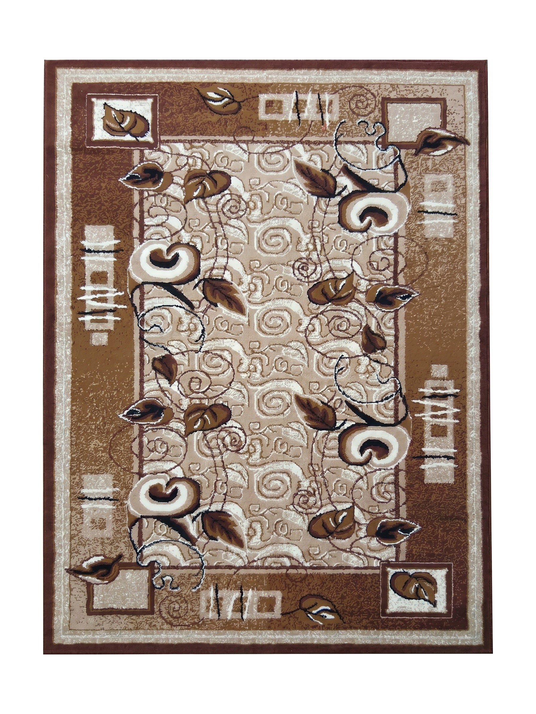 Tapis marron et beige orné de motifs floraux stylisés, de feuilles et de volutes au centre, avec une bordure géométrique