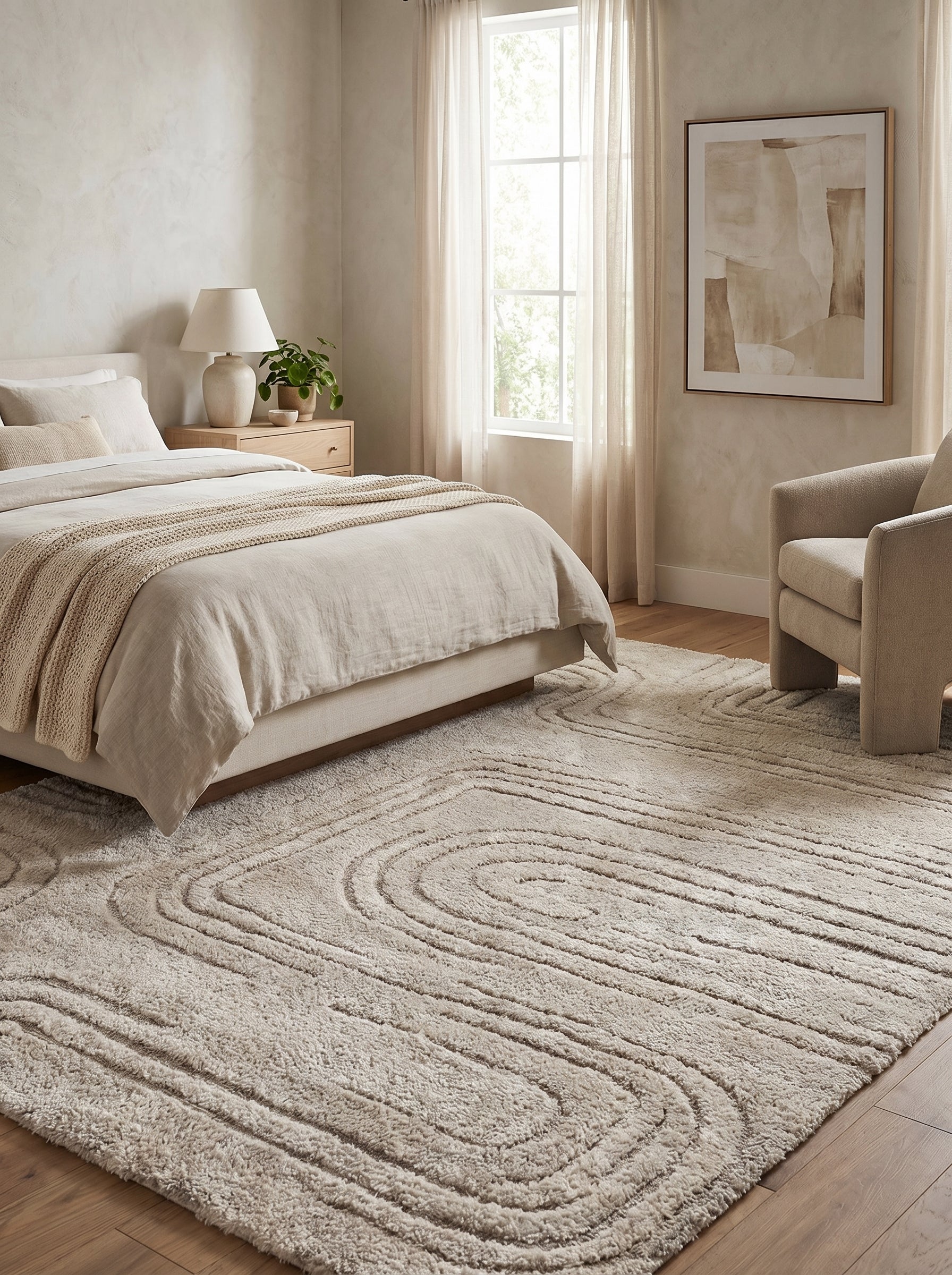 Grand tapis shaggy beige aux motifs courbes en relief, posé sur un parquet dans une chambre lumineuse
