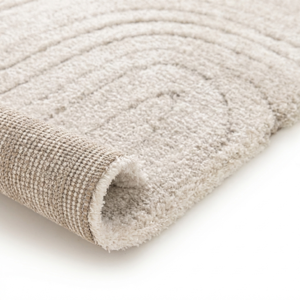 Détail d'un tapis beige clair à poils longs, orné de motifs d'arcs concentriques, dont le bord est roulé pour révéler le revers texturé