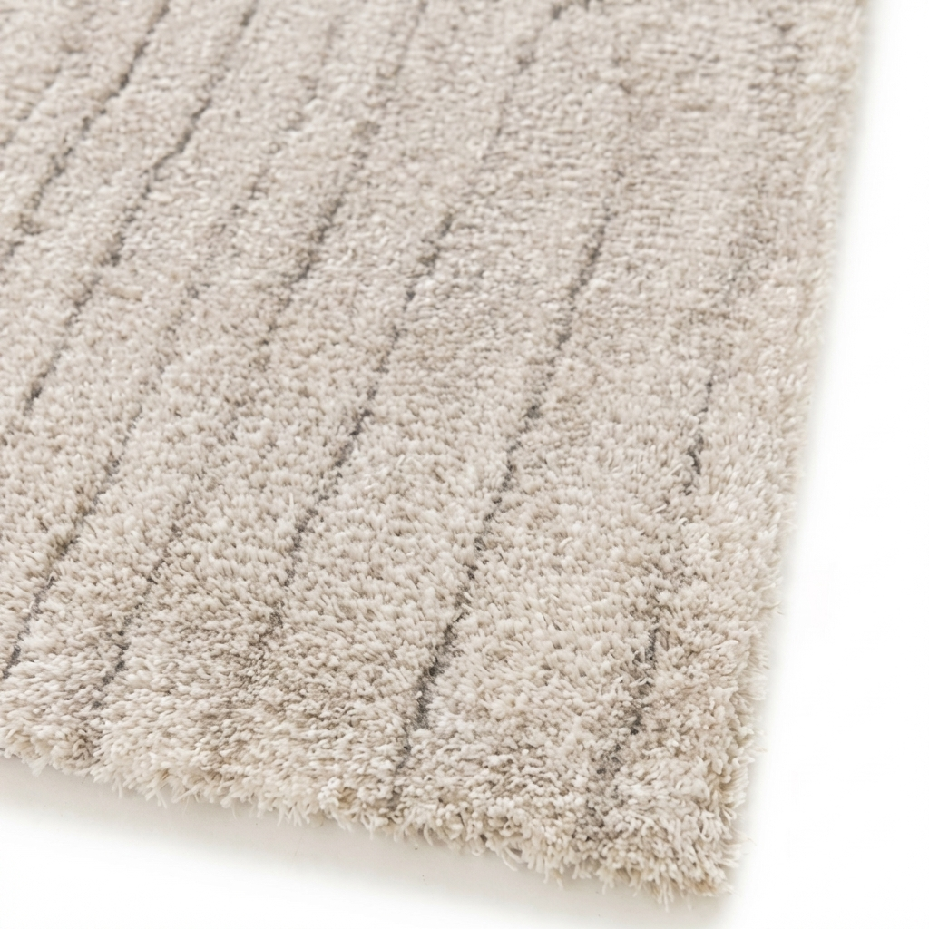 Tapis moelleux beige clair à poils longs, orné de lignes texturées ondulées plus foncées