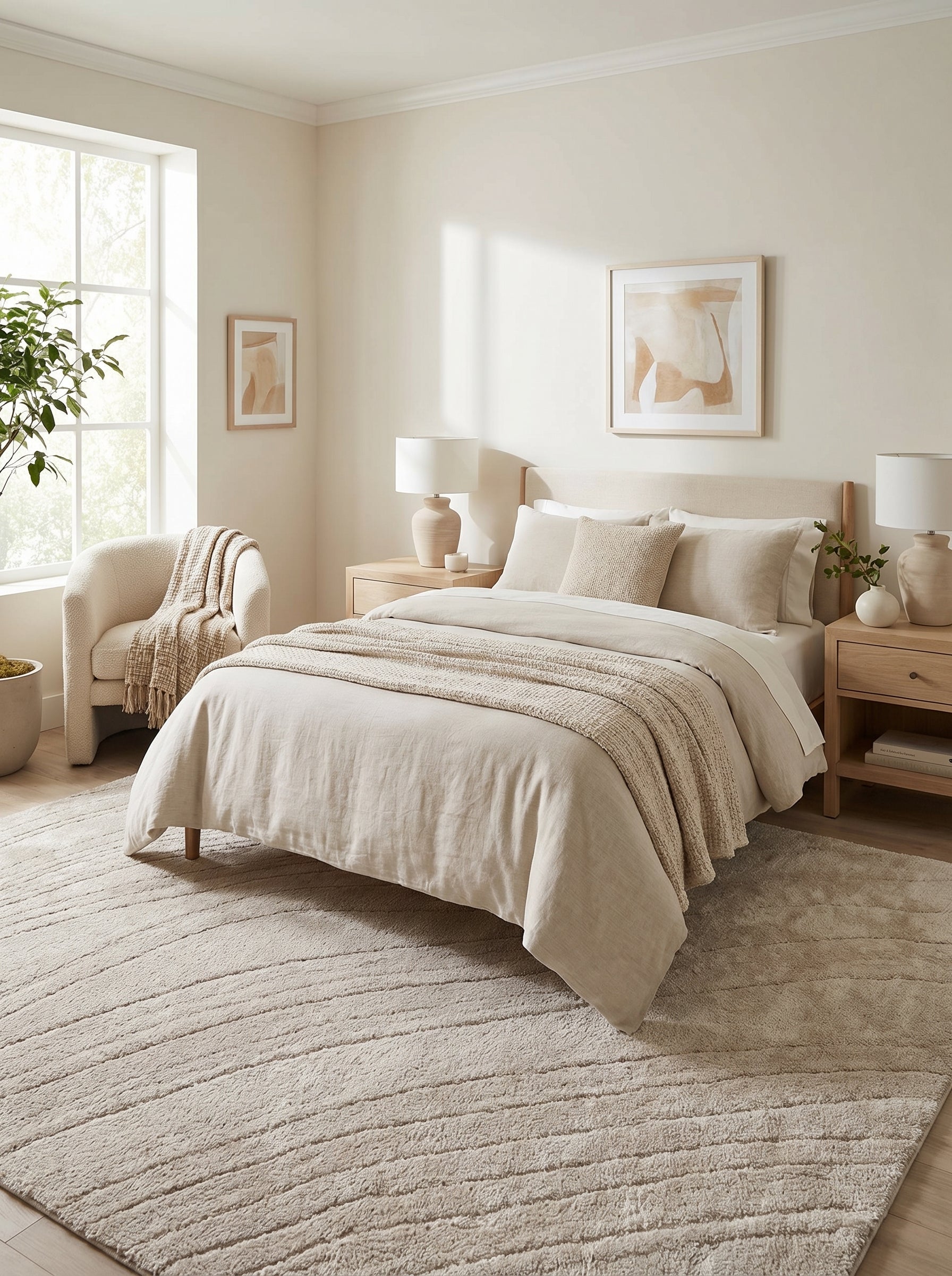 Grand tapis beige crème moelleux aux motifs linéaires texturés irréguliers dans une chambre lumineuse et moderne