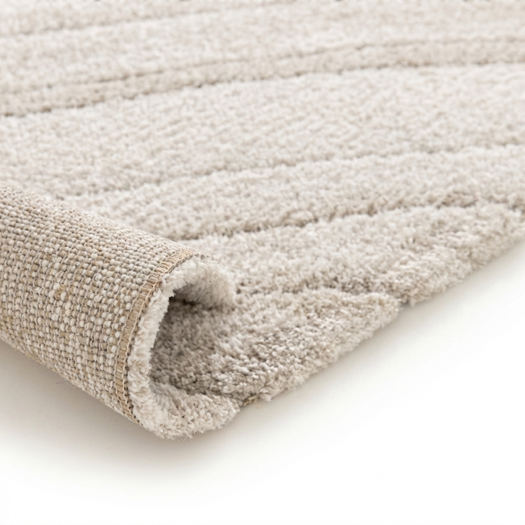Tapis beige clair à texture douce avec des rayures en relief, partiellement enroulé révélant son envers tissé