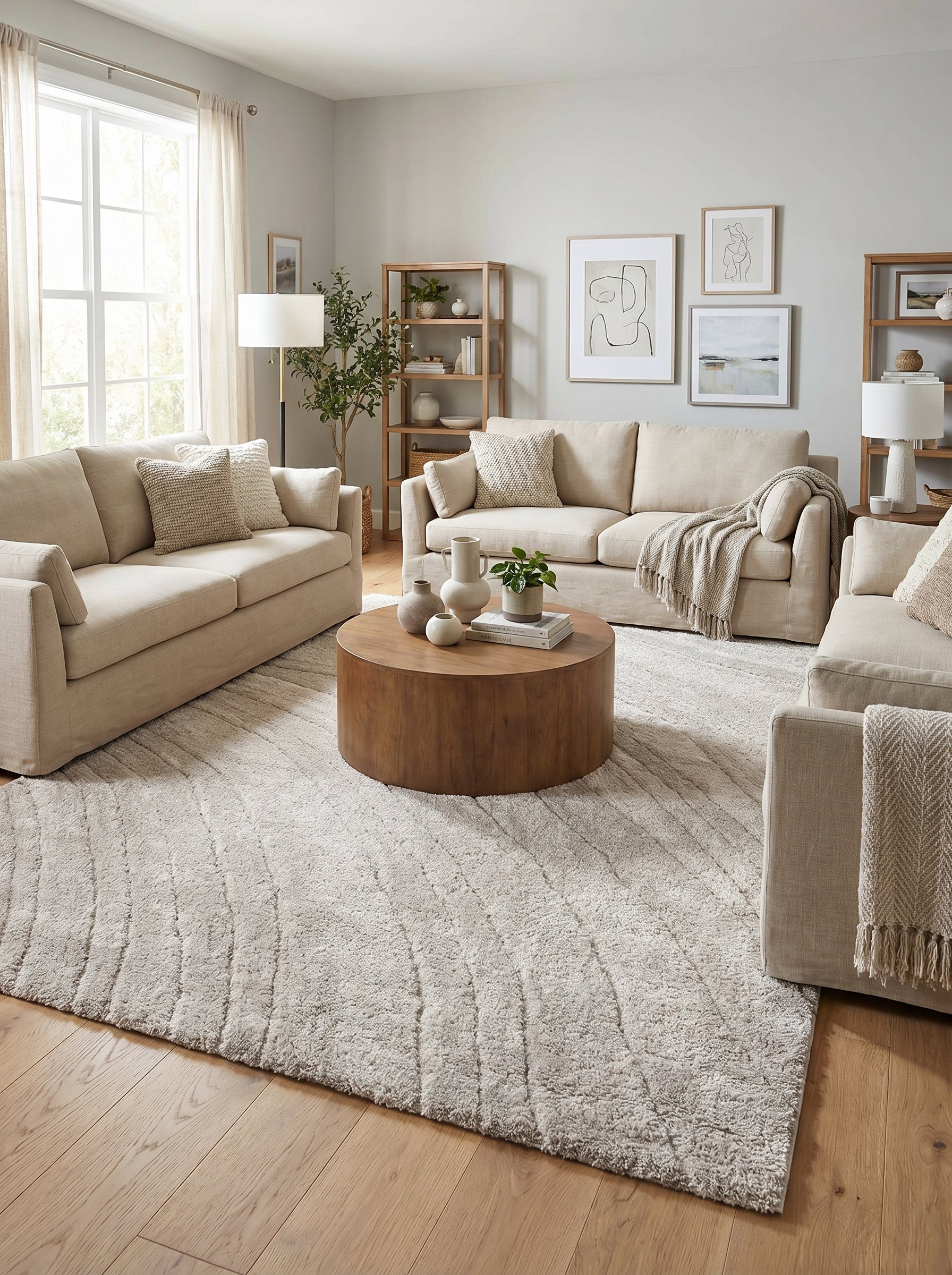 Tapis shaggy beige clair à motifs abstraits ondulés et texturés sur un parquet en bois dans un salon