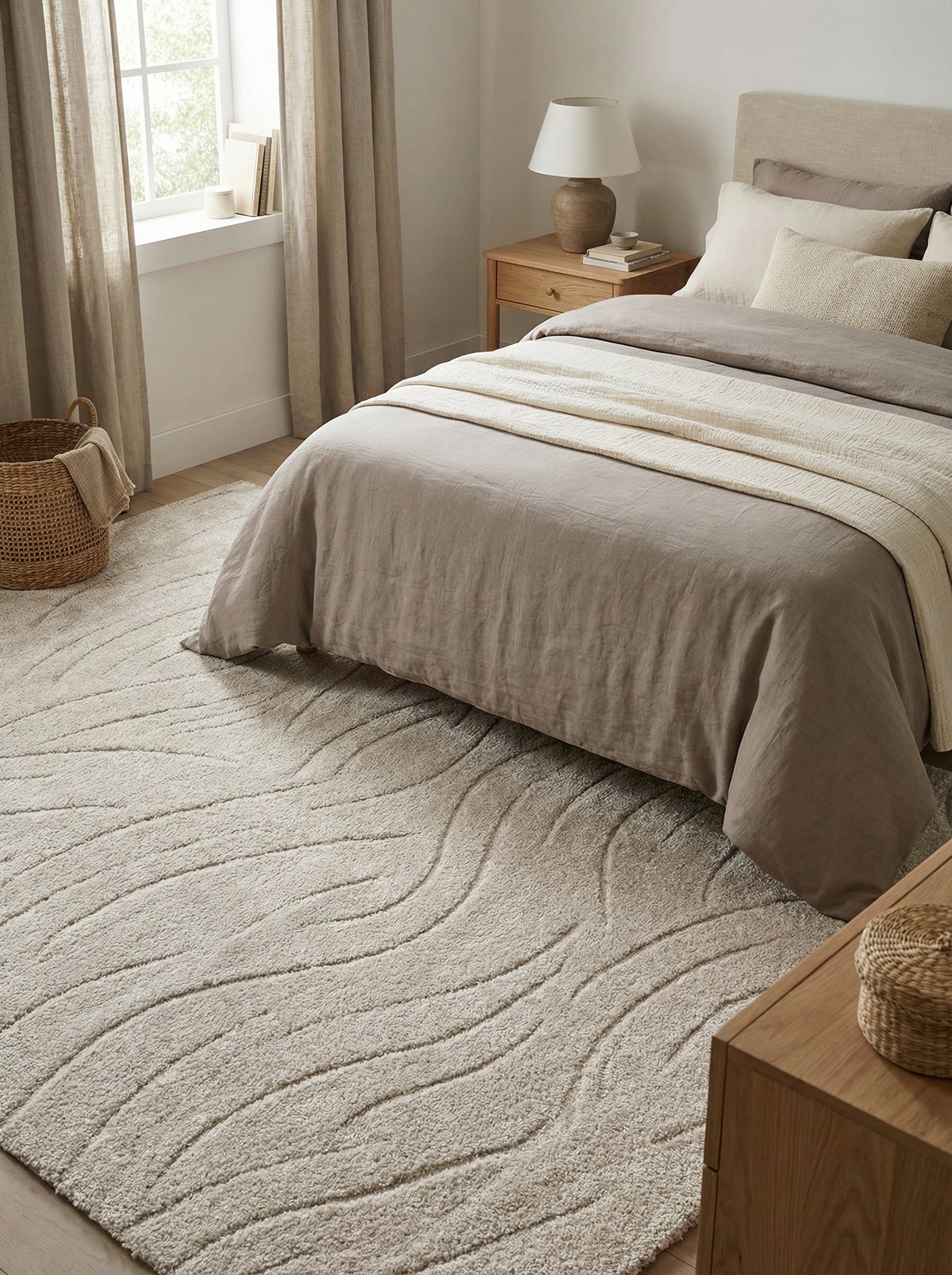 Tapis beige clair à poils longs avec motifs de vagues en relief, couvrant le sol d'une chambre aux tons neutres
