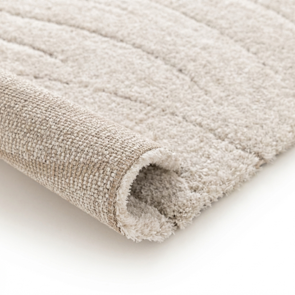 Tapis doux beige clair à texture épaisse avec des rayures en relief et son revers tissé visible sur un bord roulé