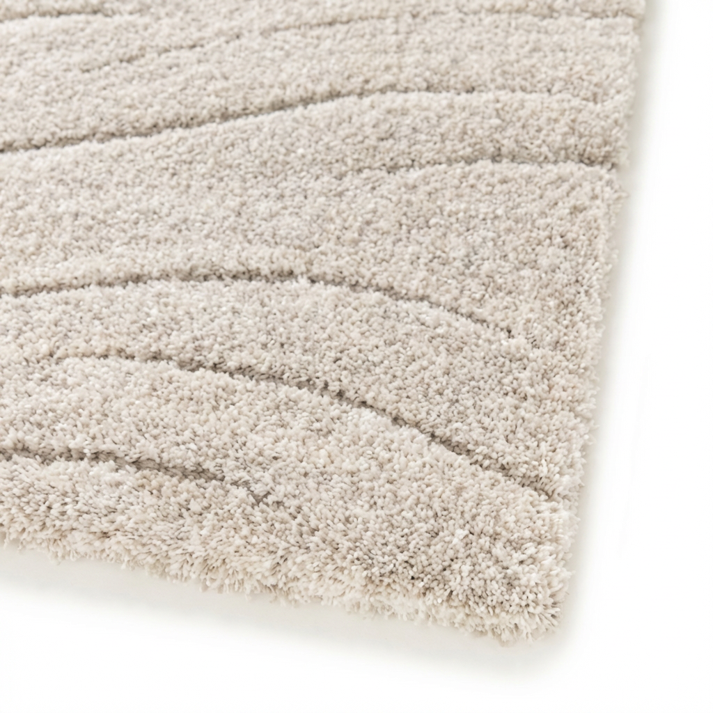Tapis moelleux beige clair avec des motifs ondulés en relief et une texture douce