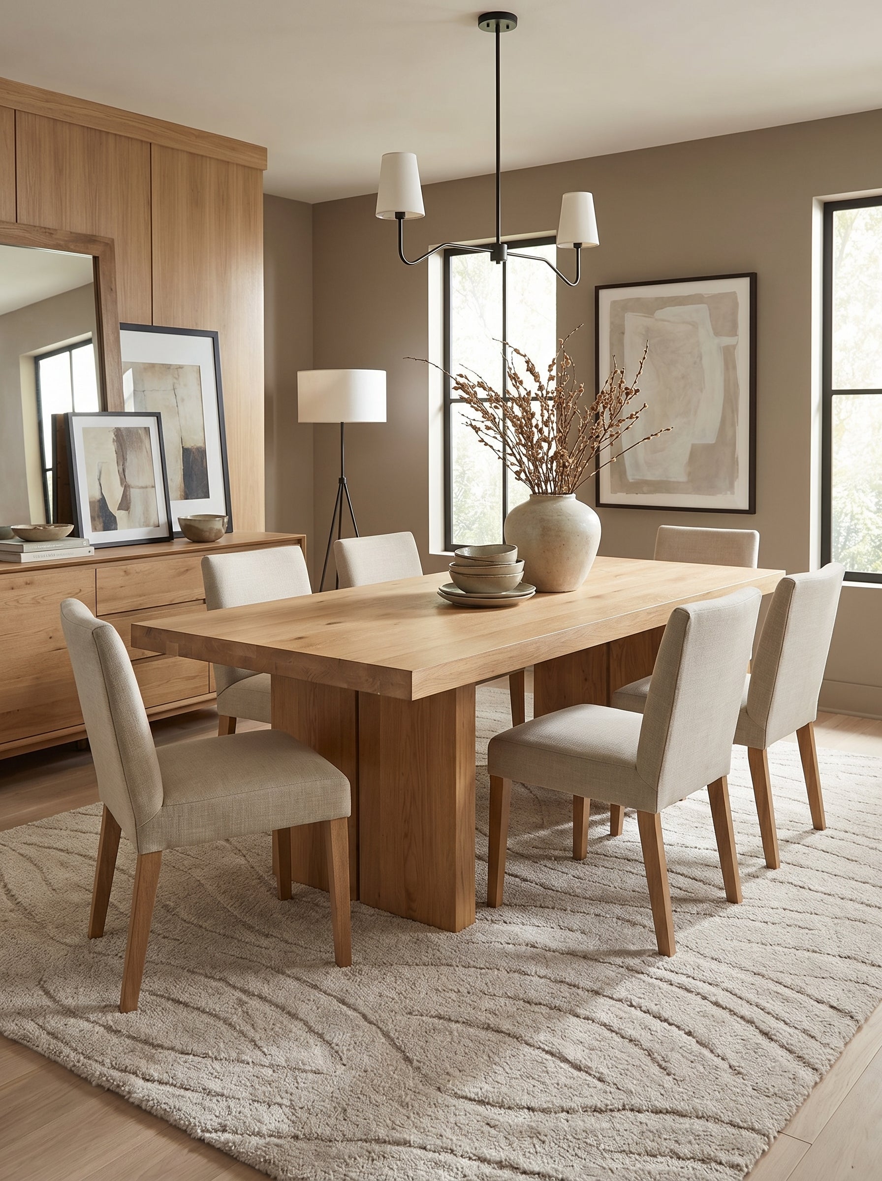 Grand tapis beige crème à texture moelleuse avec des motifs ondulés discrets, dans une salle à manger lumineuse