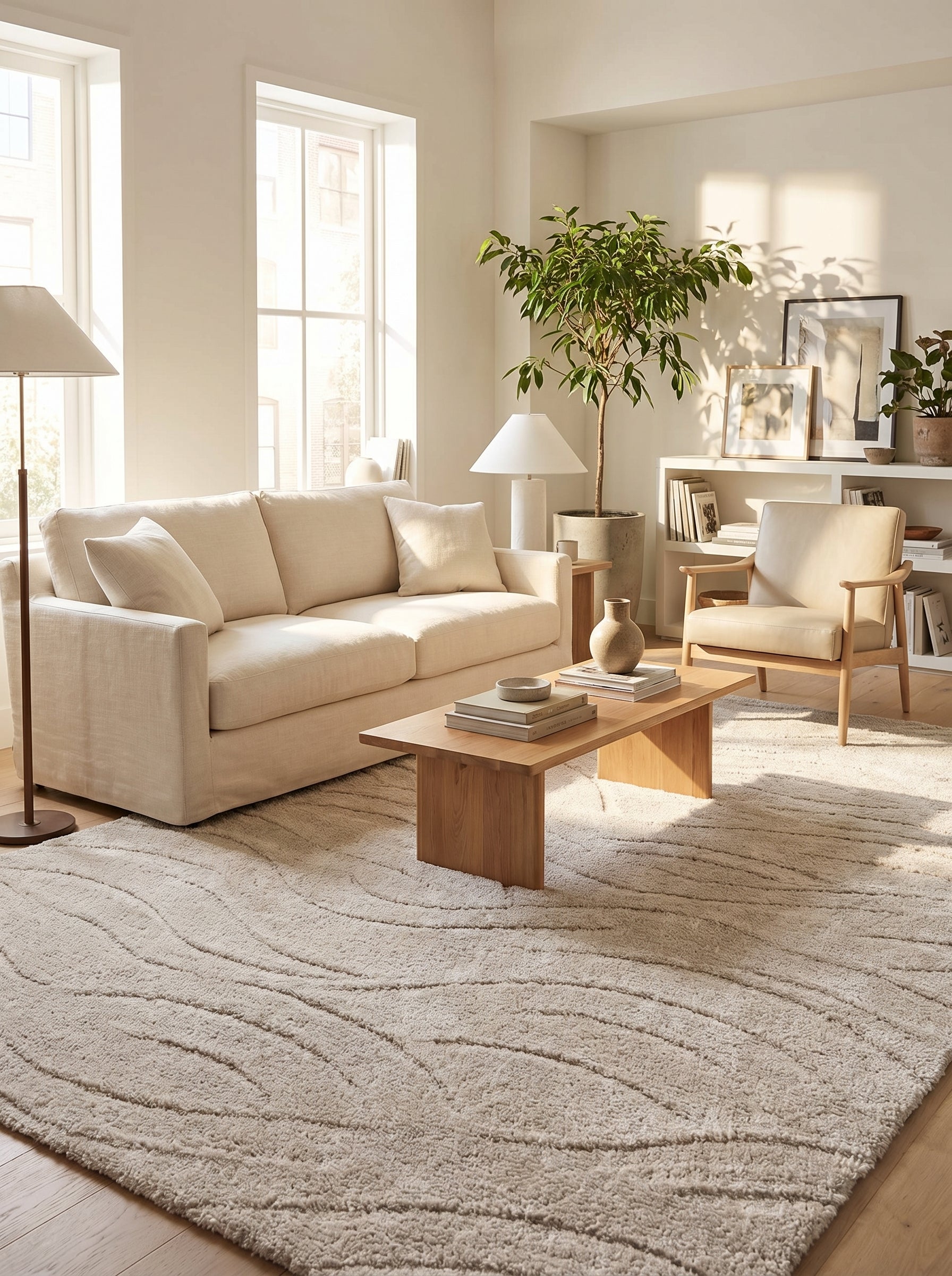 Tapis rectangulaire moelleux beige crème avec de larges motifs ondulés en relief, dans un salon clair