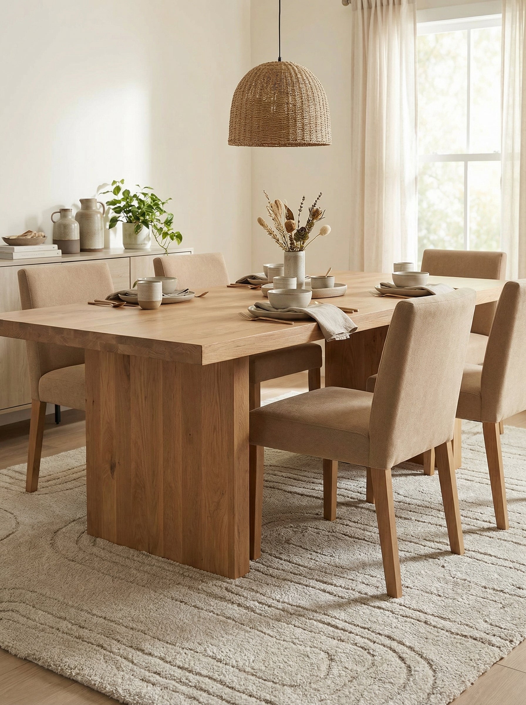 Tapis rectangulaire beige crème à motifs ondulés en relief, posé sous une table en bois dans une salle à manger
