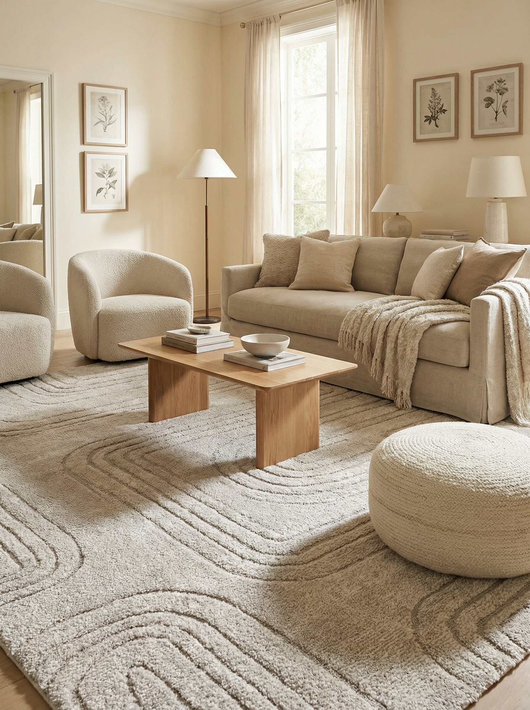 Tapis bouclé beige clair avec des motifs ondulés en relief, créant des courbes, dans un salon cosy