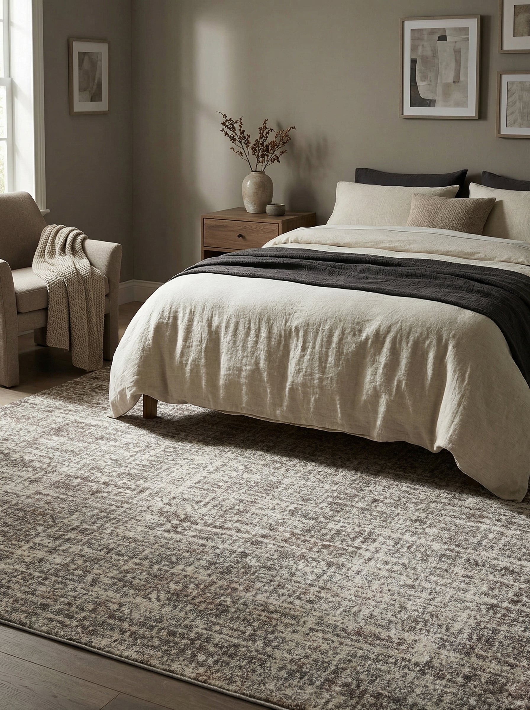 Tapis rectangulaire aux motifs abstraits entrelacés crème et marron-gris, texture moelleuse, au sol d'une chambre apaisante