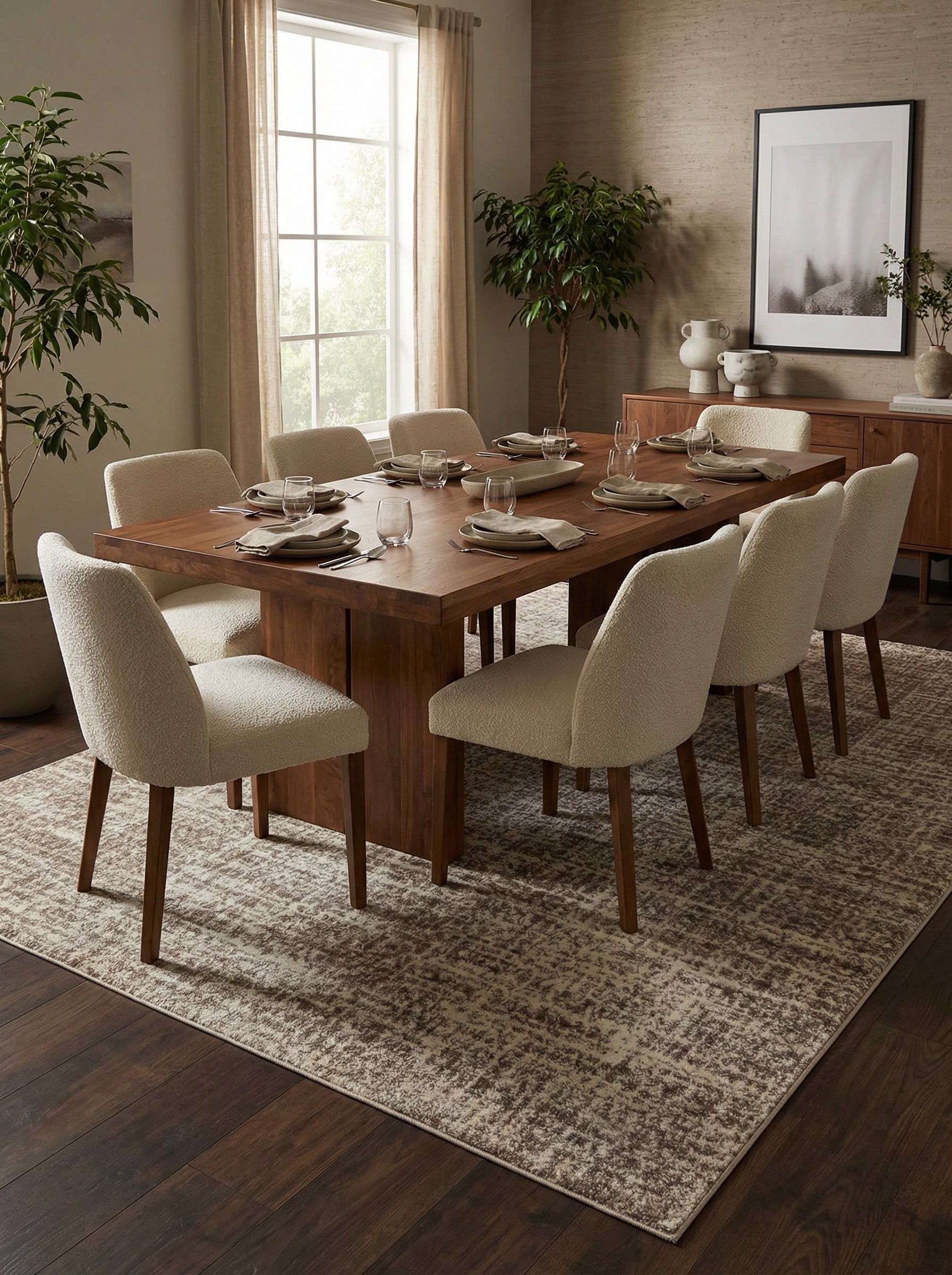 Tapis rectangulaire tissé beige clair à motifs abstraits marron foncé usés, posé sous une table dans une salle à manger