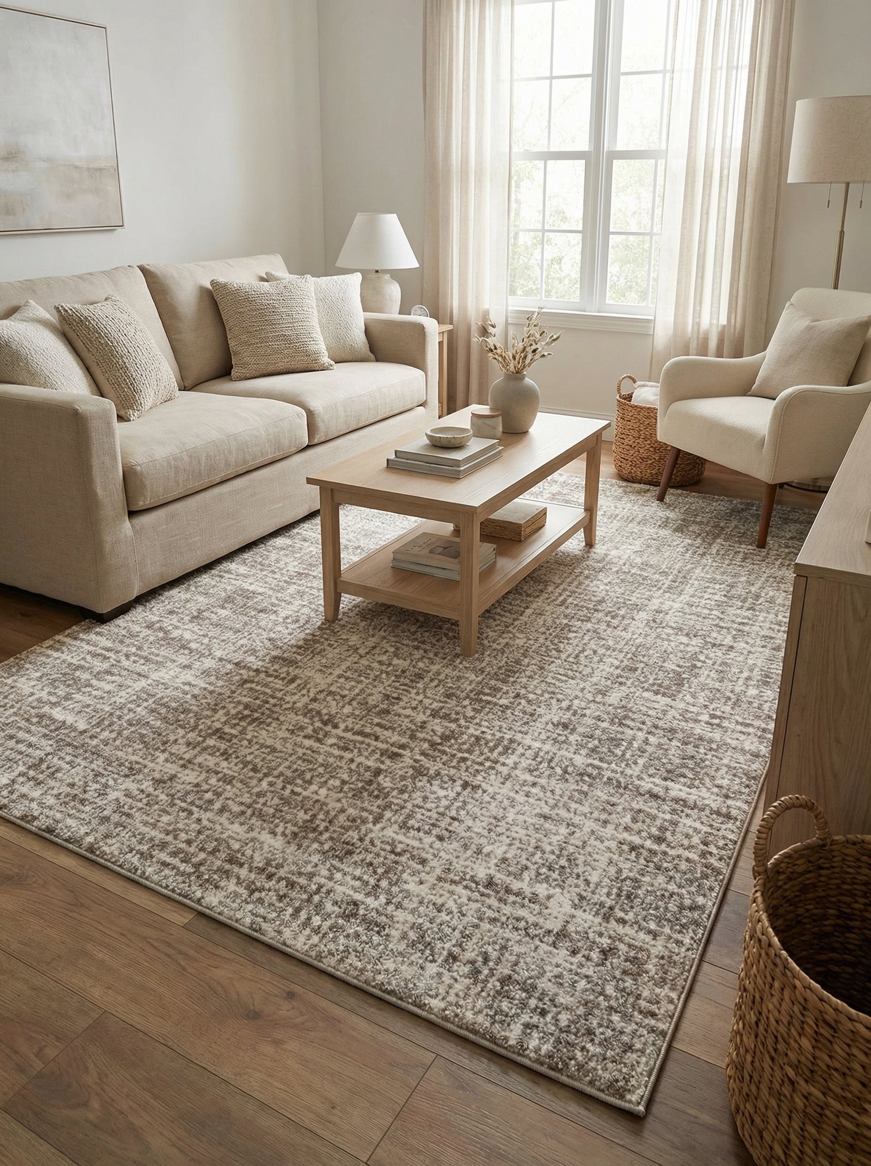Grand tapis rectangulaire à texture douce, aux teintes crème et brun-gris, avec un motif abstrait irrégulier dans un salon